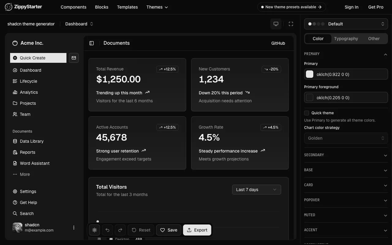 zippy starter's shadcn/ui theme generator - Screenshot preview