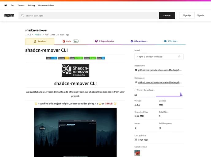 Exodus Tola Mindcoder Shadcn Remover template preview