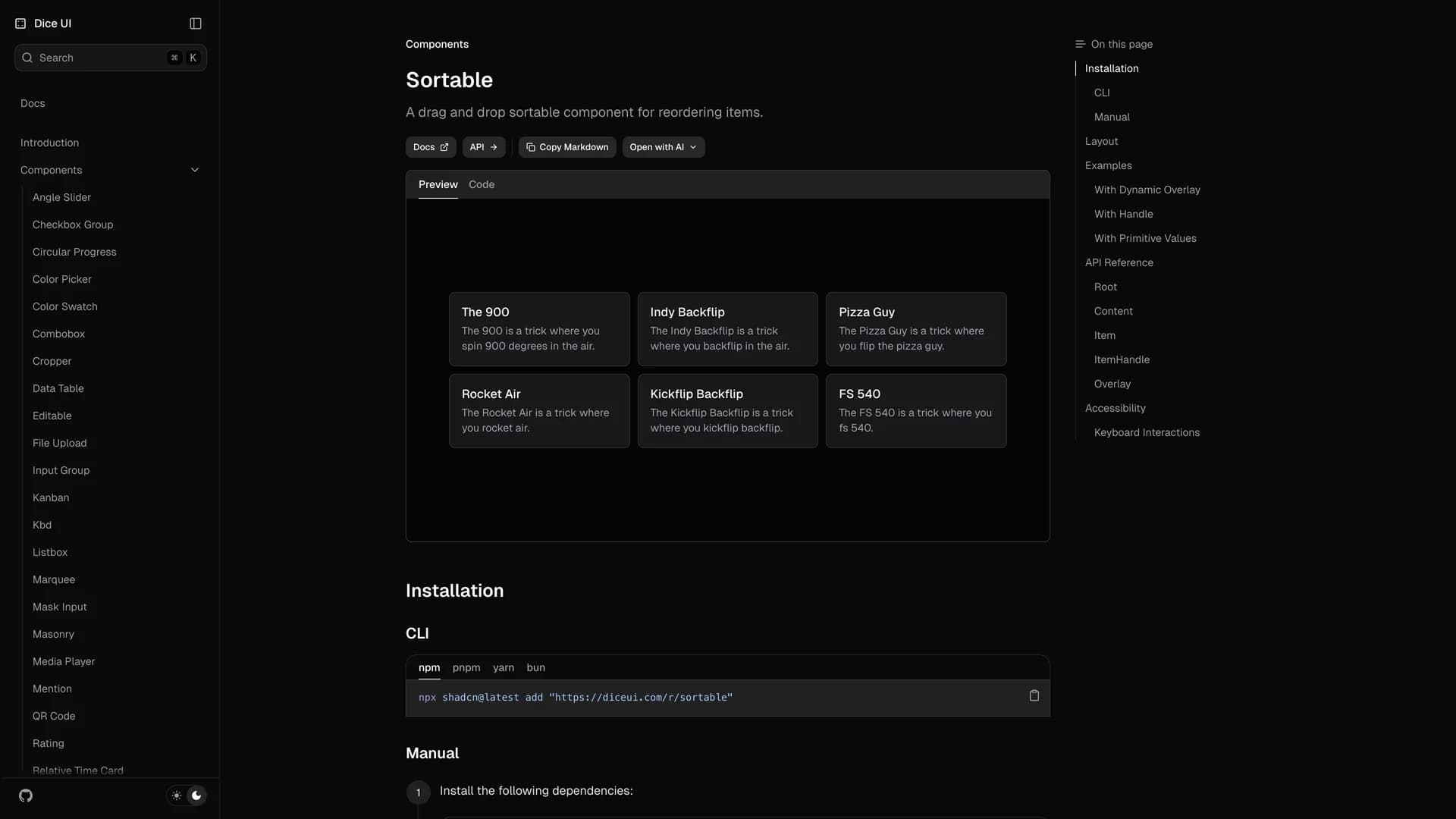 Sortable template preview