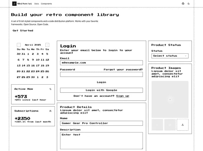 Theorcdev 8bitcn UI template preview