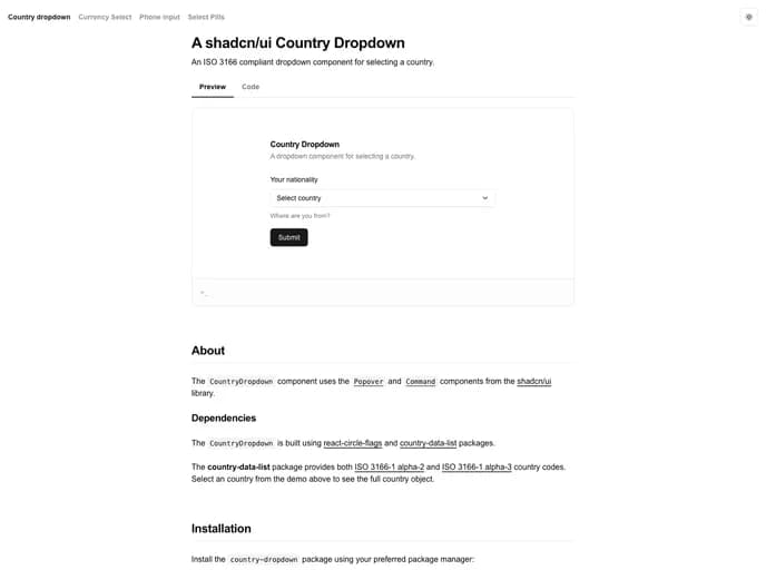 Uixmat Shadcn Country Dropdown template preview