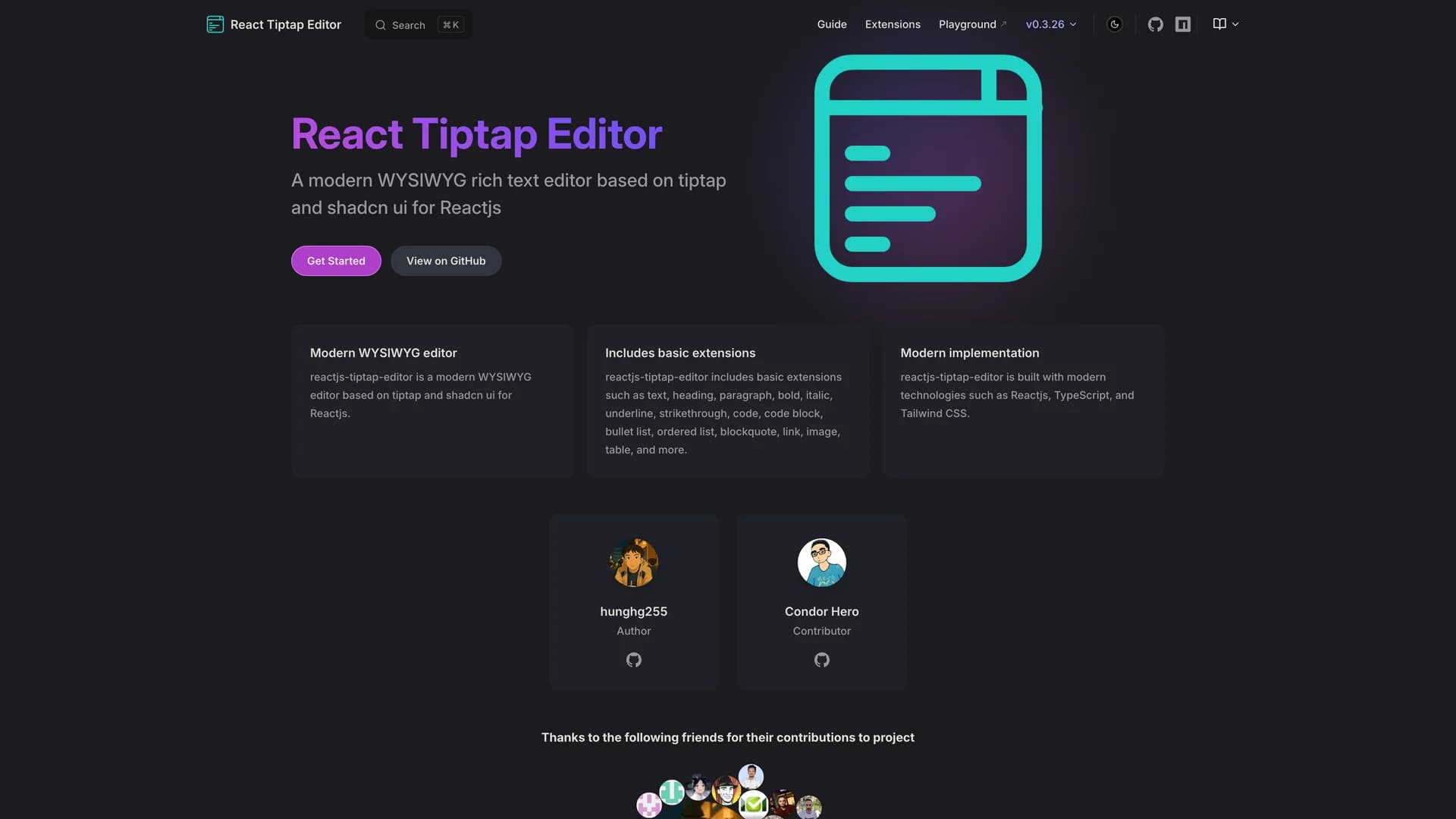 Reactjs Tiptap Editor template preview