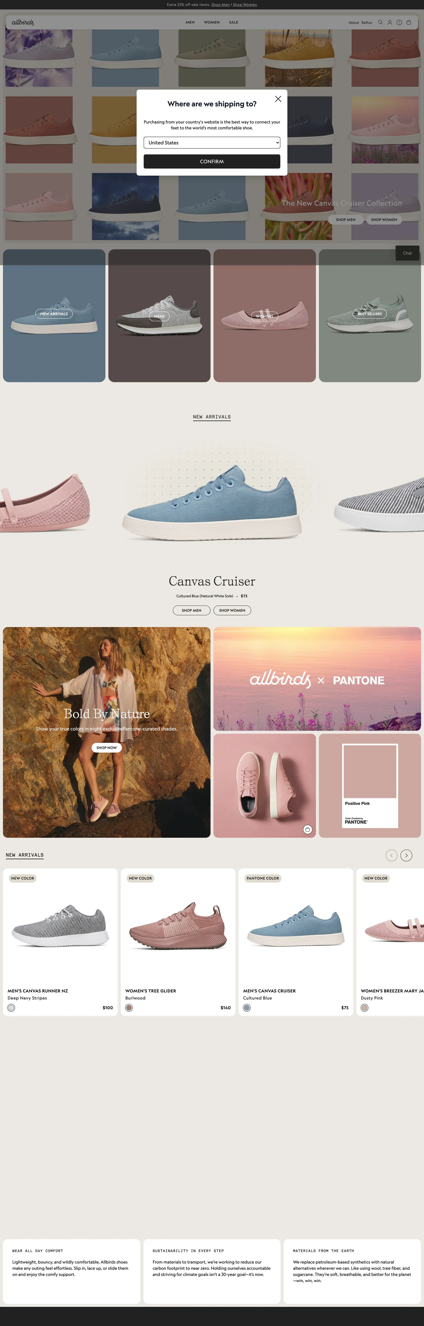 Screenshot of Allbirds's website at allbirds.com