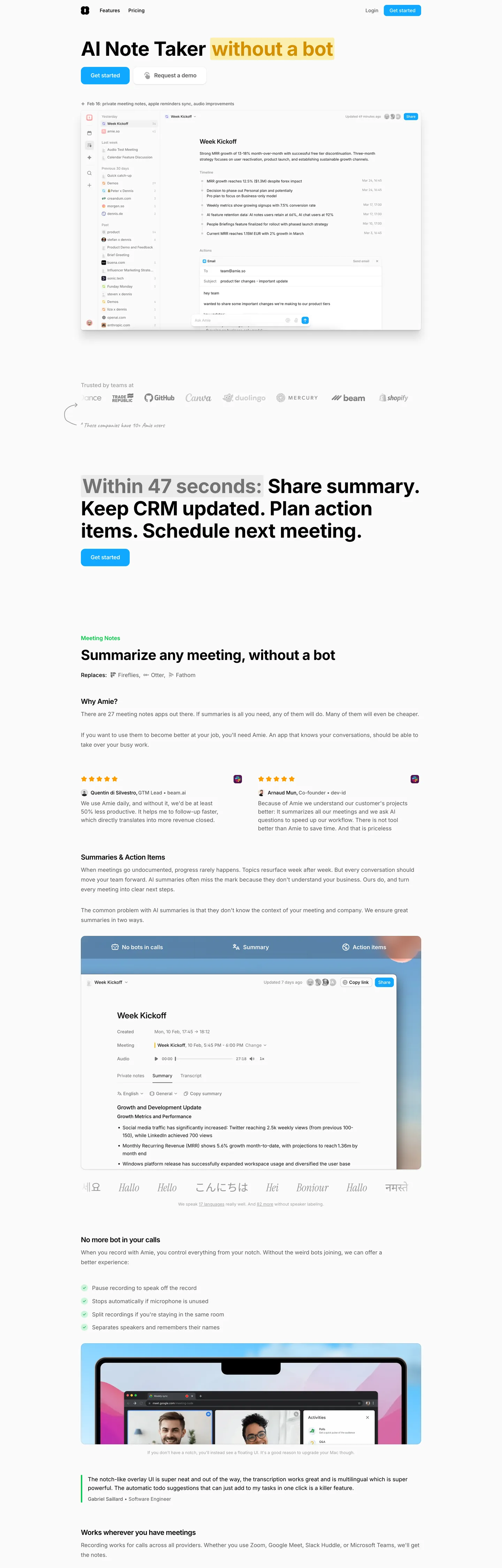 Screenshot of Amie's website at amie.so