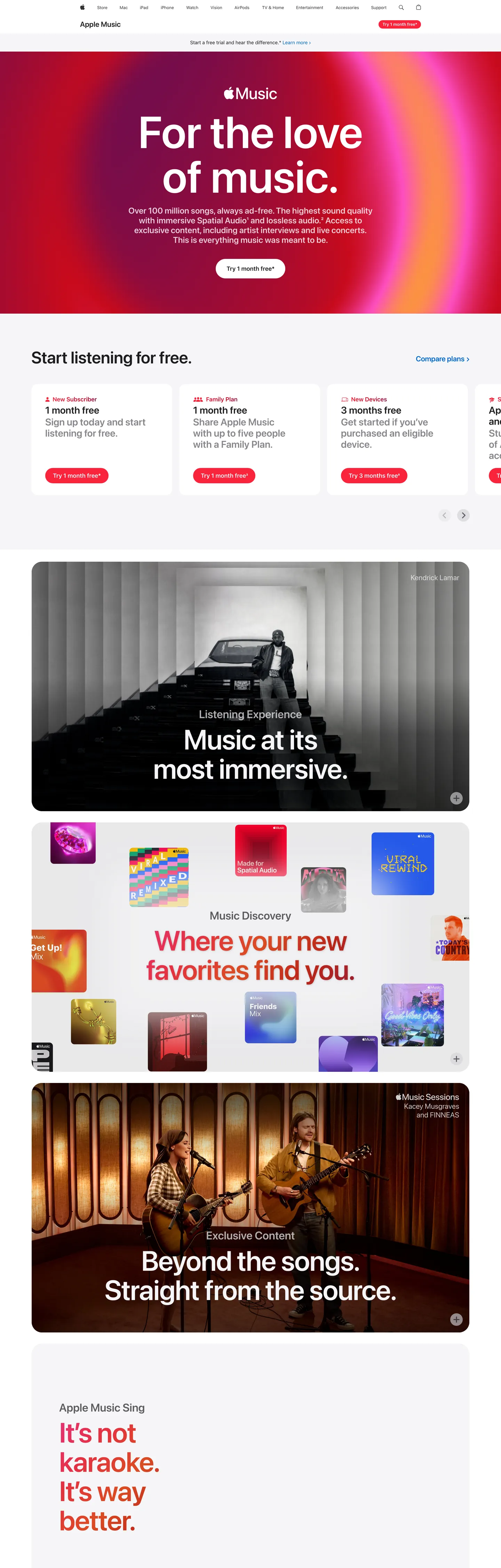 Screenshot of Apple Music's website at apple.com