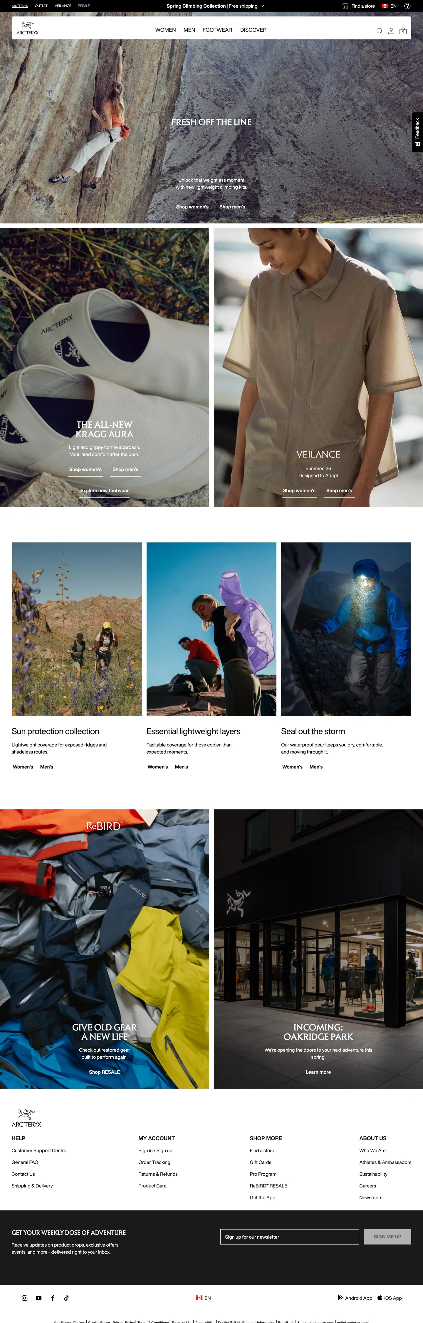 Screenshot of Arc'teryx's website at arcteryx.com