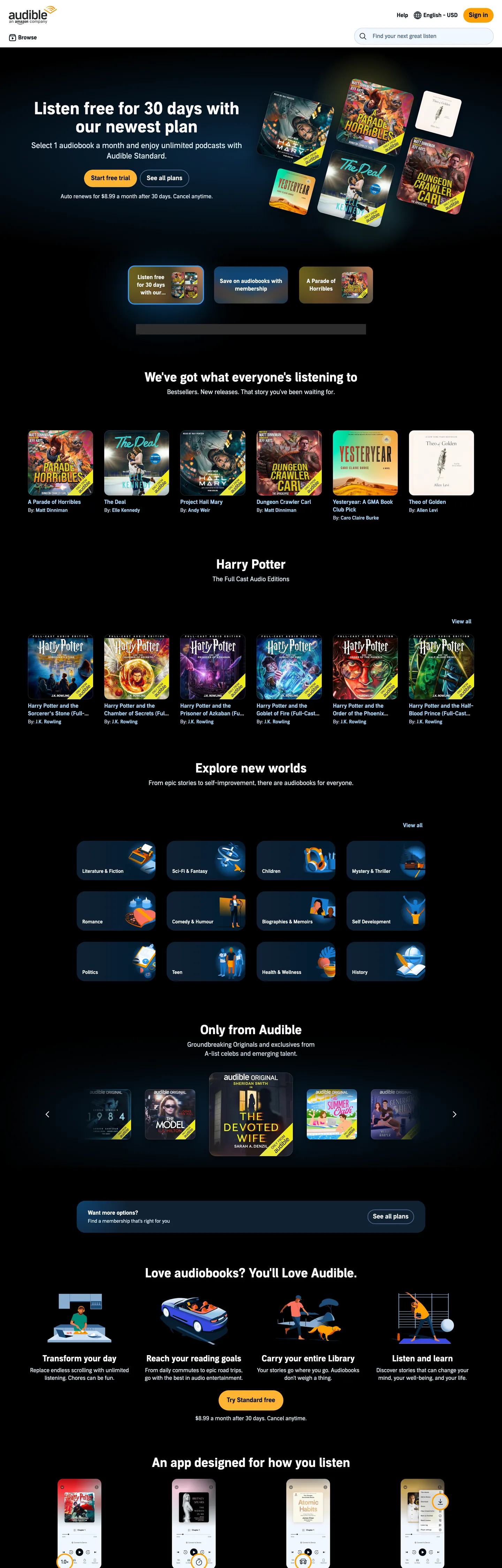 Screenshot of Audible's website at audible.com
