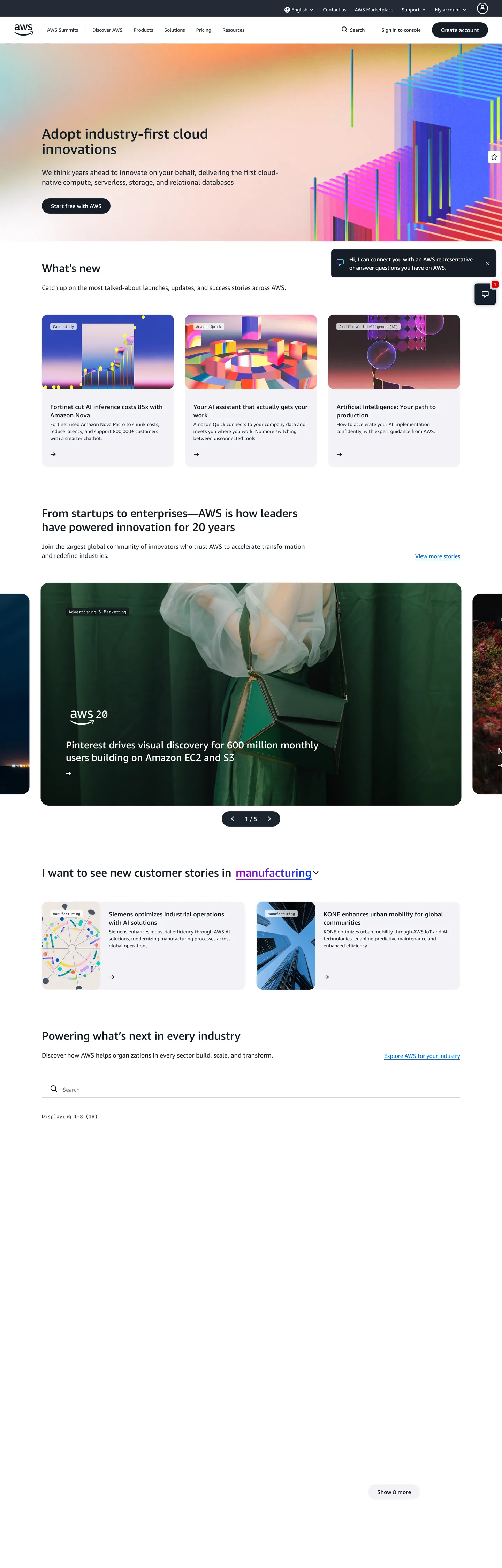 Screenshot of AWS's website at aws.amazon.com