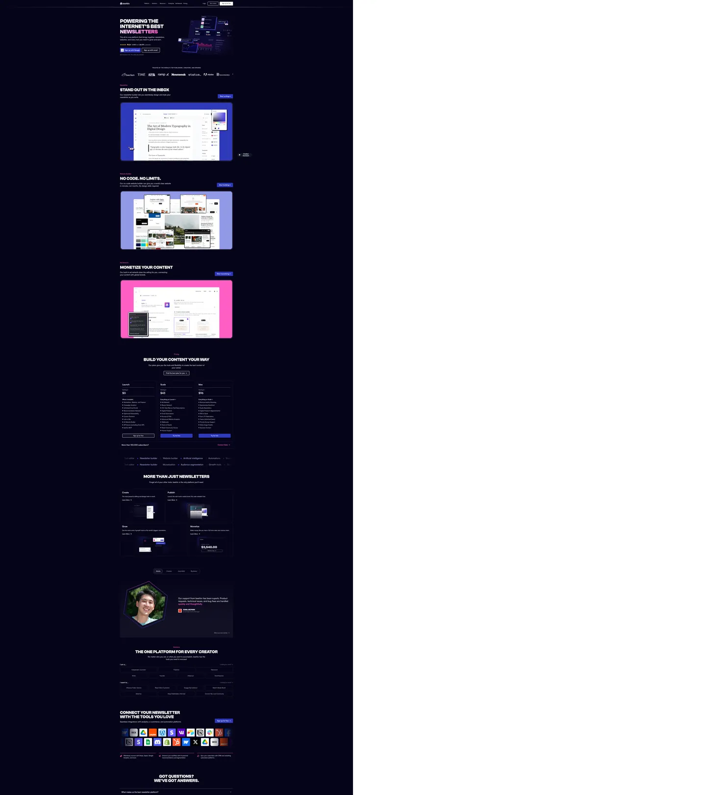 Screenshot of Beehiiv's website at beehiiv.com