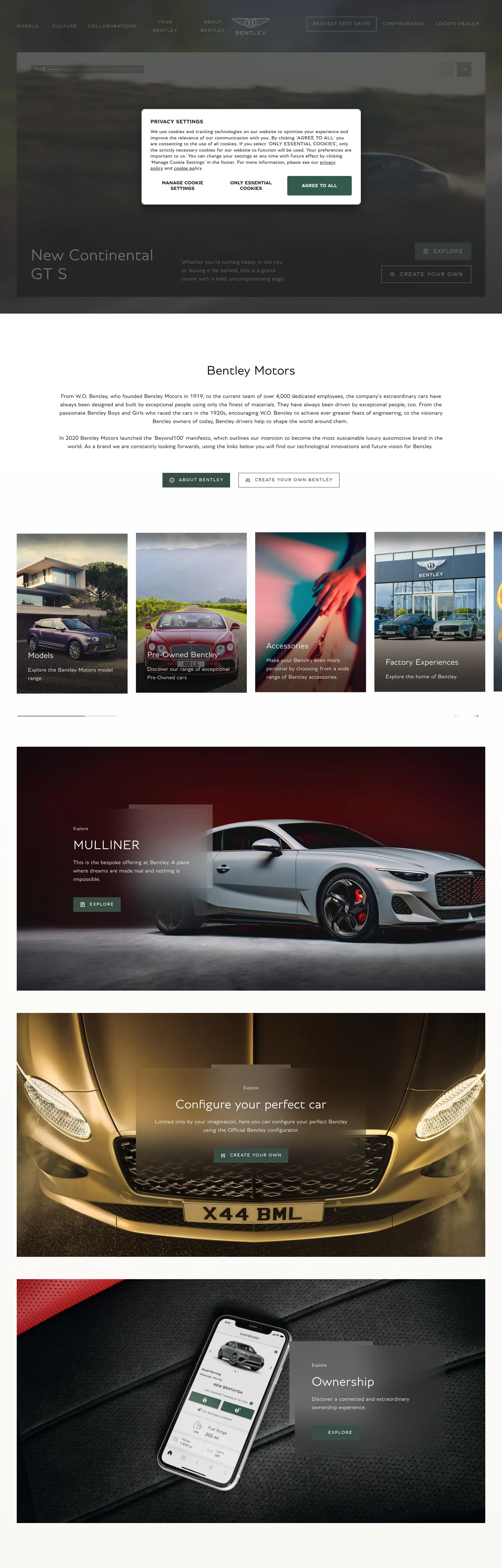 Screenshot of Bentley's website at bentleymotors.com