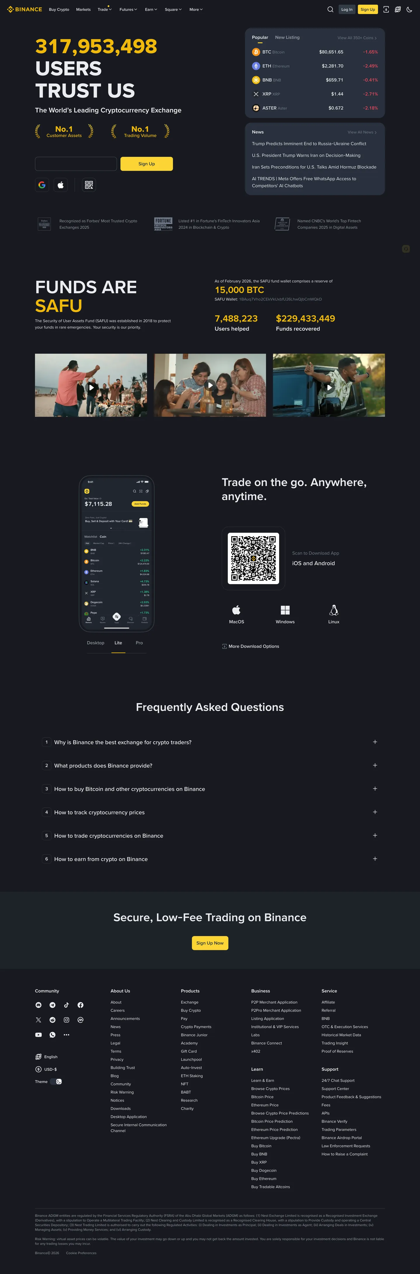 Screenshot of Binance's website at binance.com