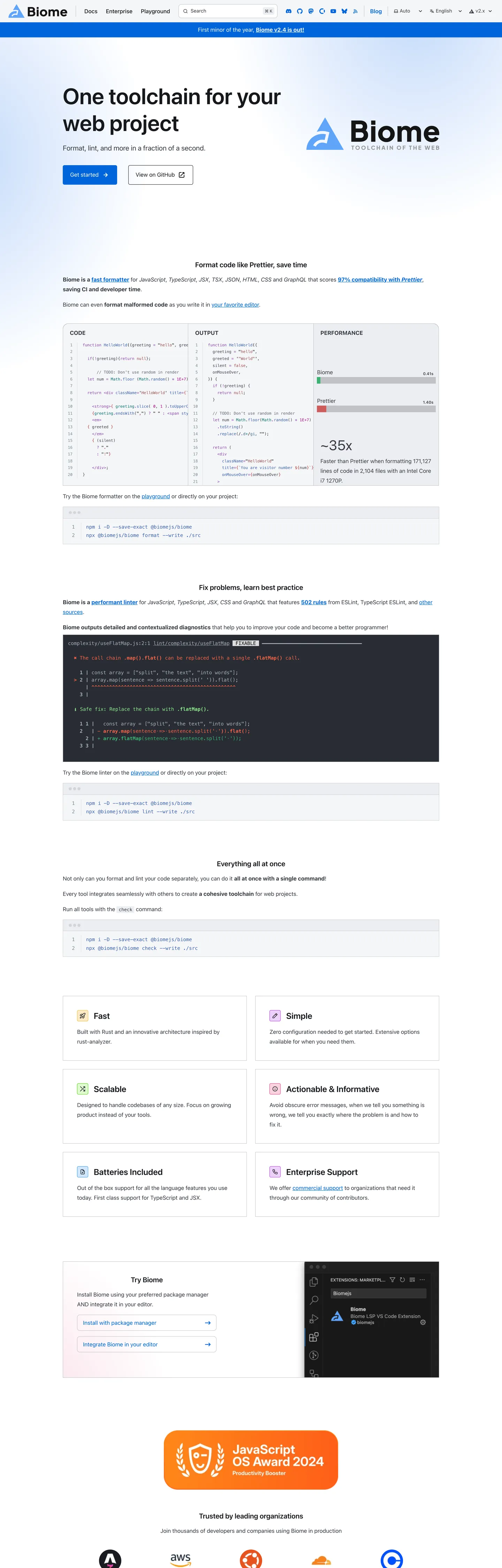 Screenshot of Biome's website at biomejs.dev