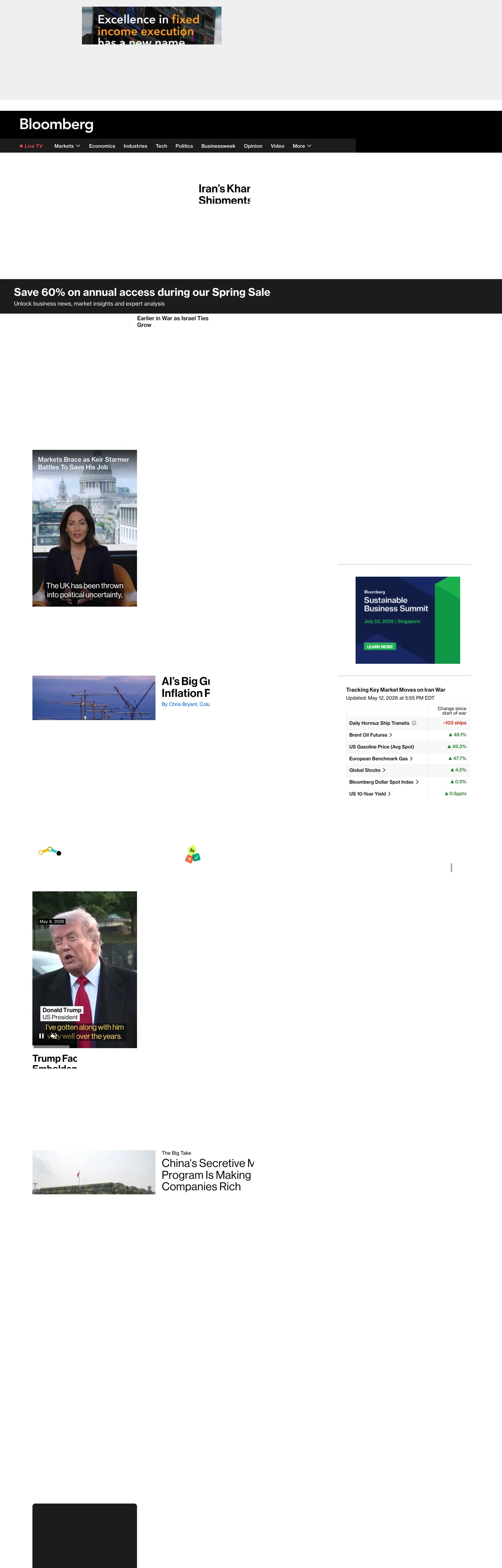 Screenshot of Bloomberg's website at bloomberg.com