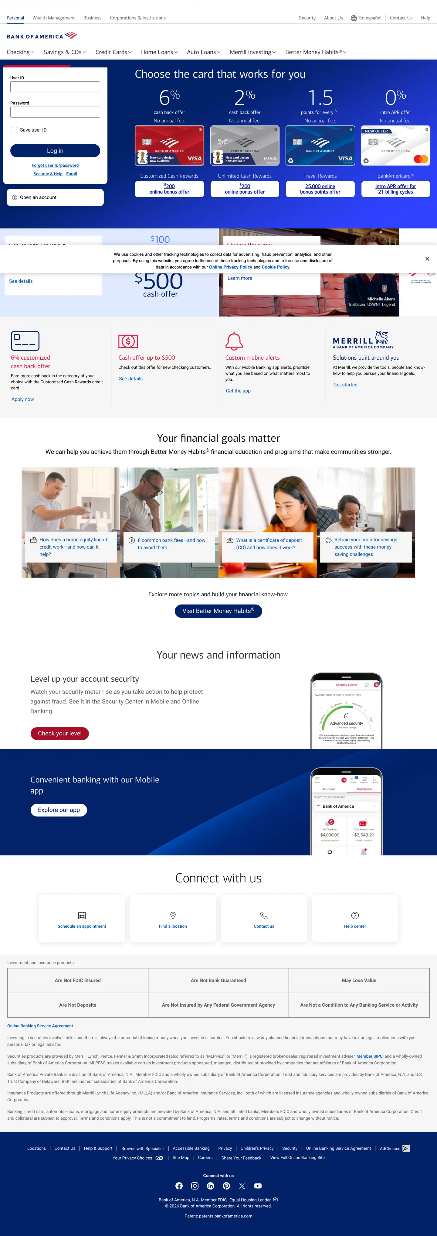Screenshot of Bank of America's website at bankofamerica.com