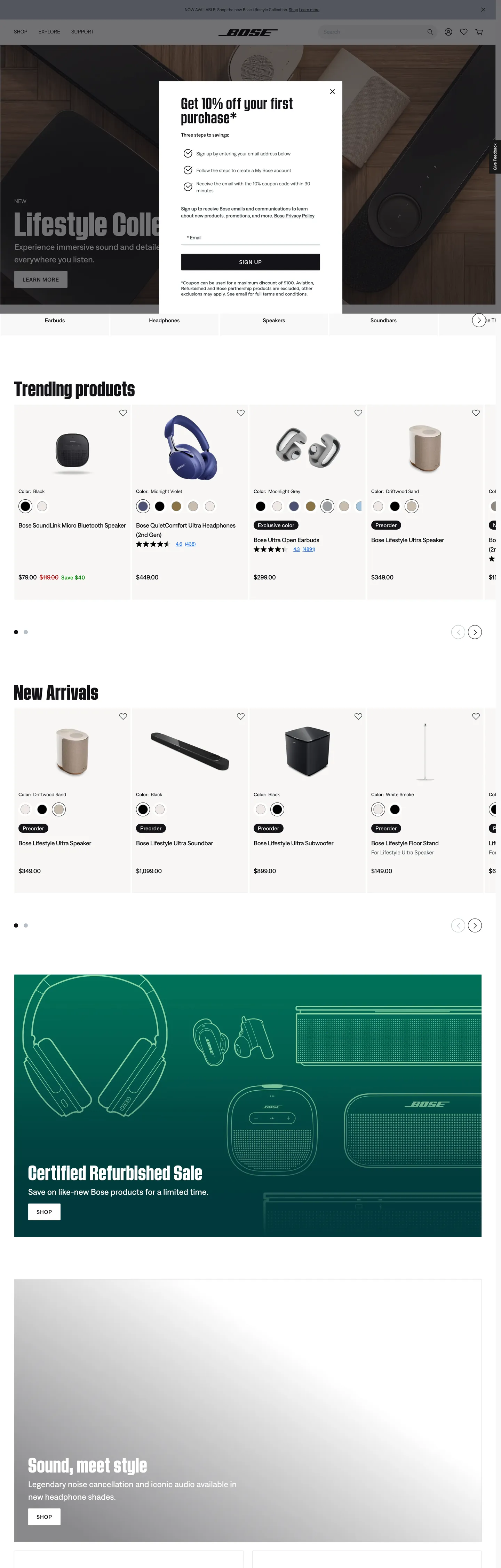 Screenshot of Bose's website at bose.com