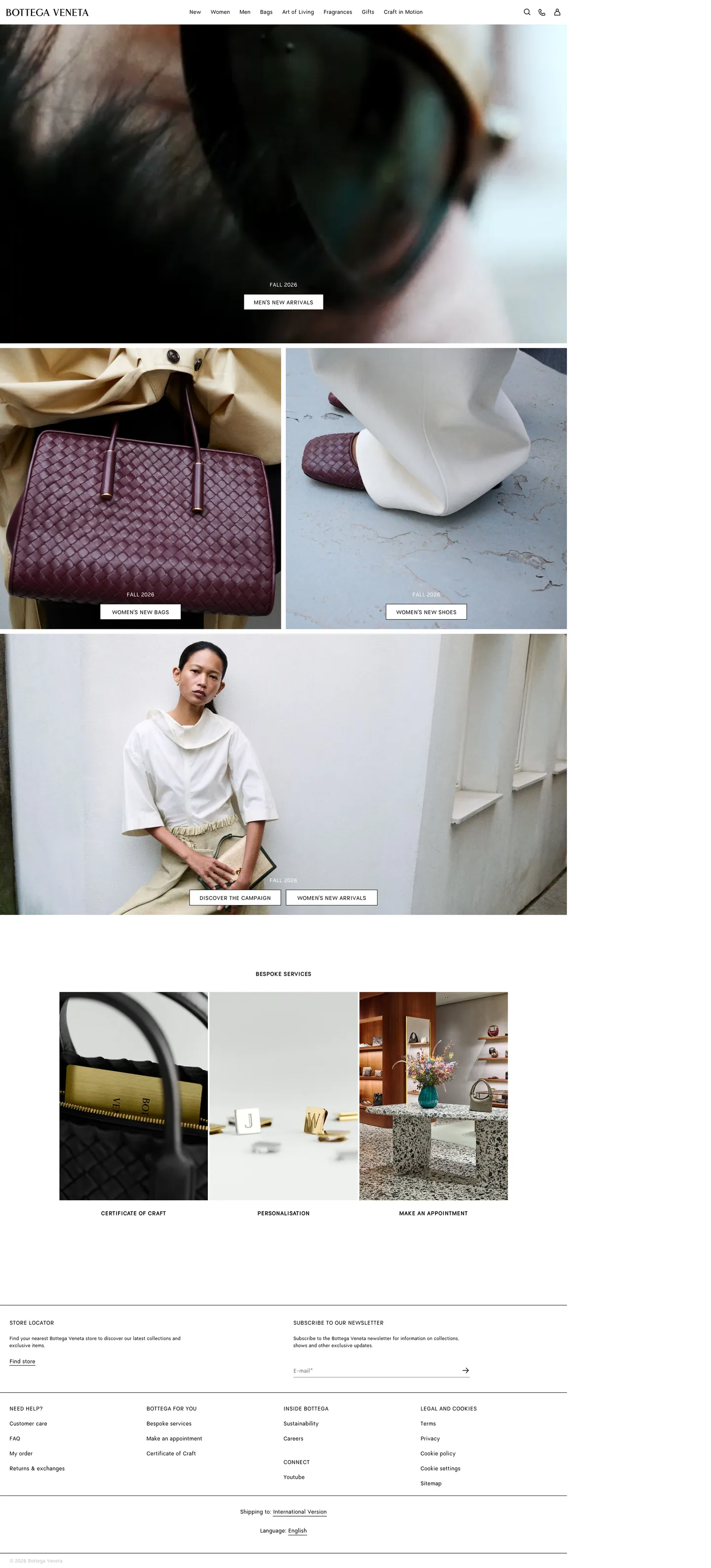 Screenshot of Bottega Veneta's website at bottegaveneta.com