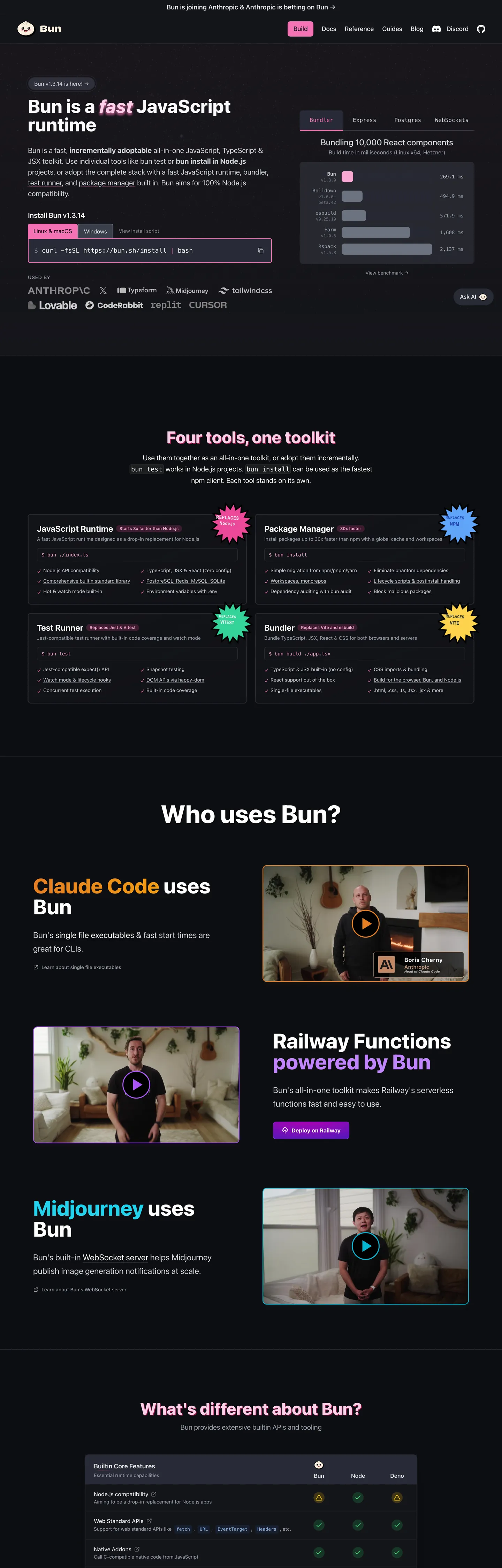 Screenshot of Bun's website at bun.sh