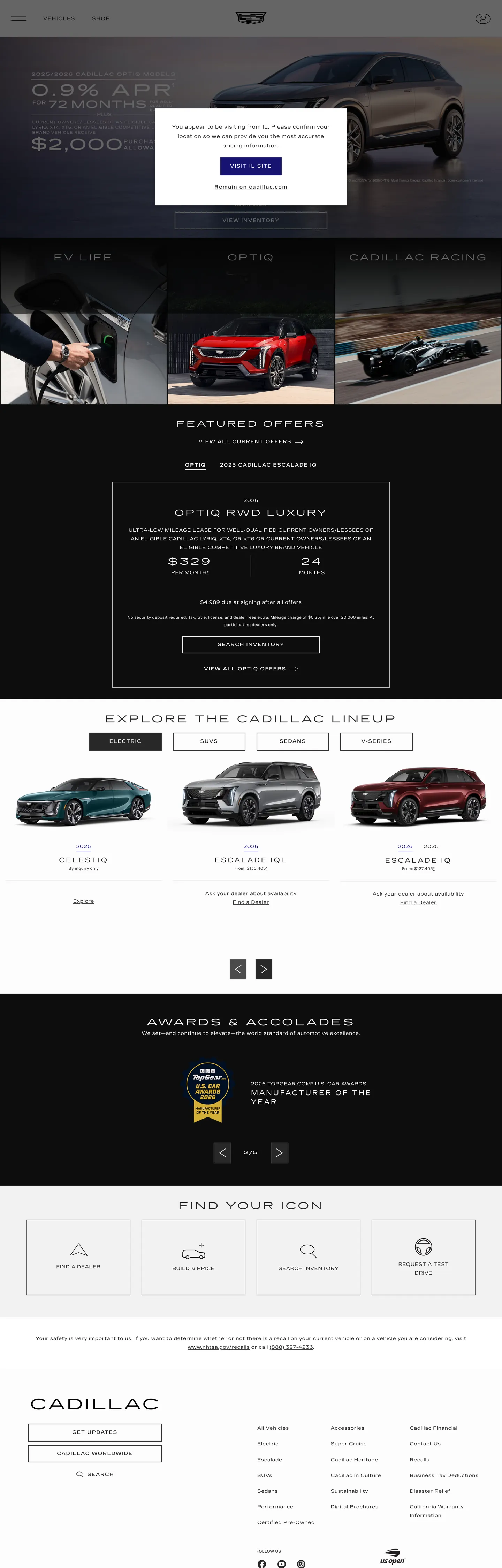 Screenshot of Cadillac's website at cadillac.com