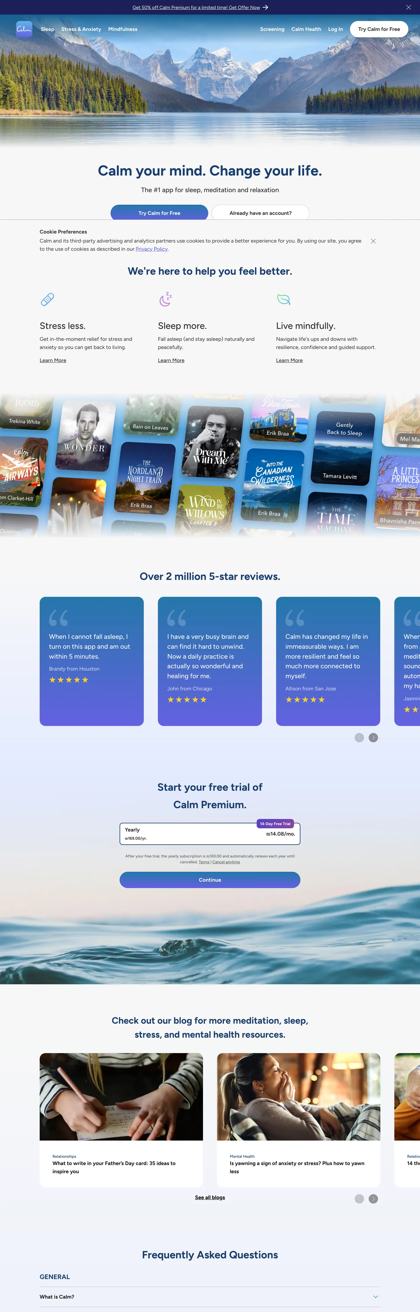 Screenshot of Calm's website at calm.com