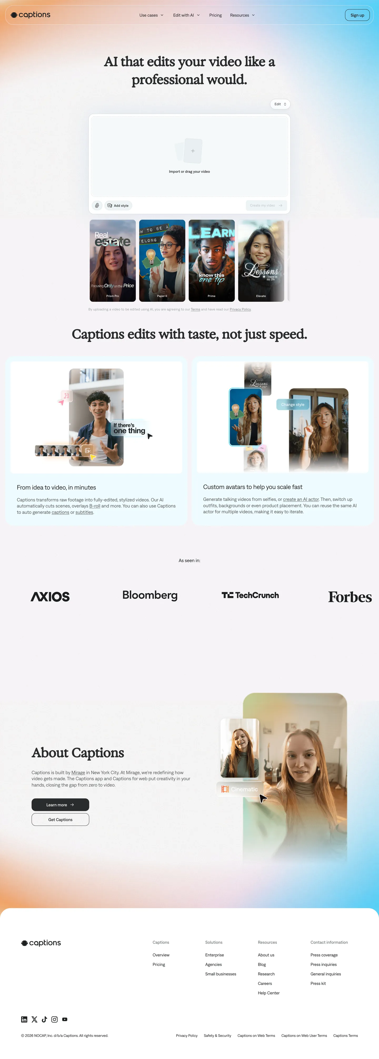 Screenshot of Captions's website at captions.ai