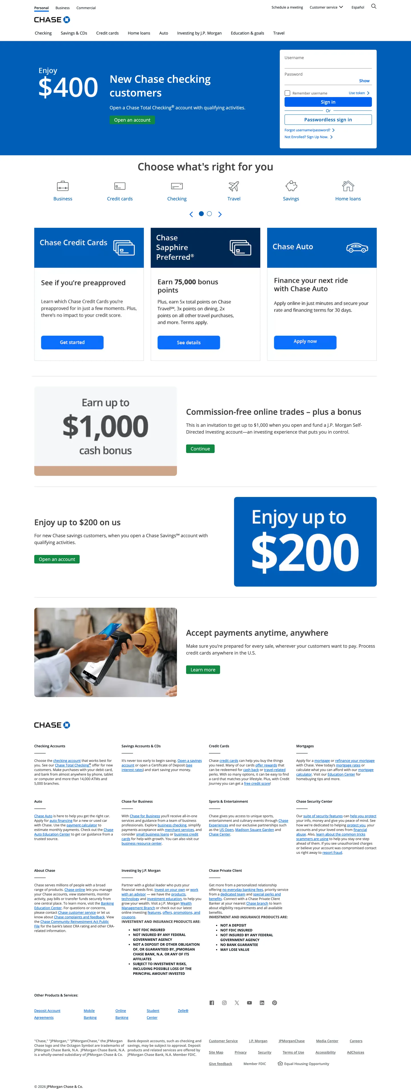Screenshot of Chase's website at chase.com