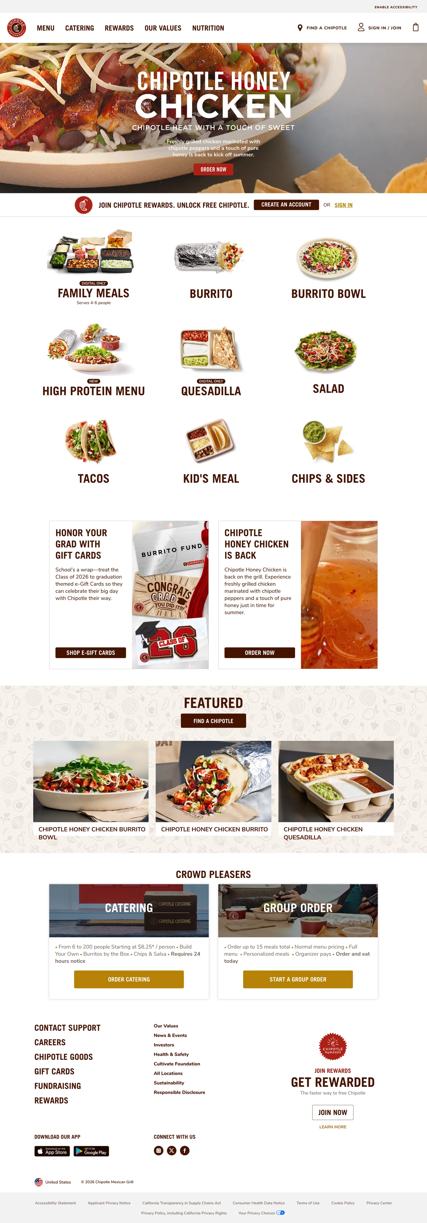 Screenshot of Chipotle's website at chipotle.com