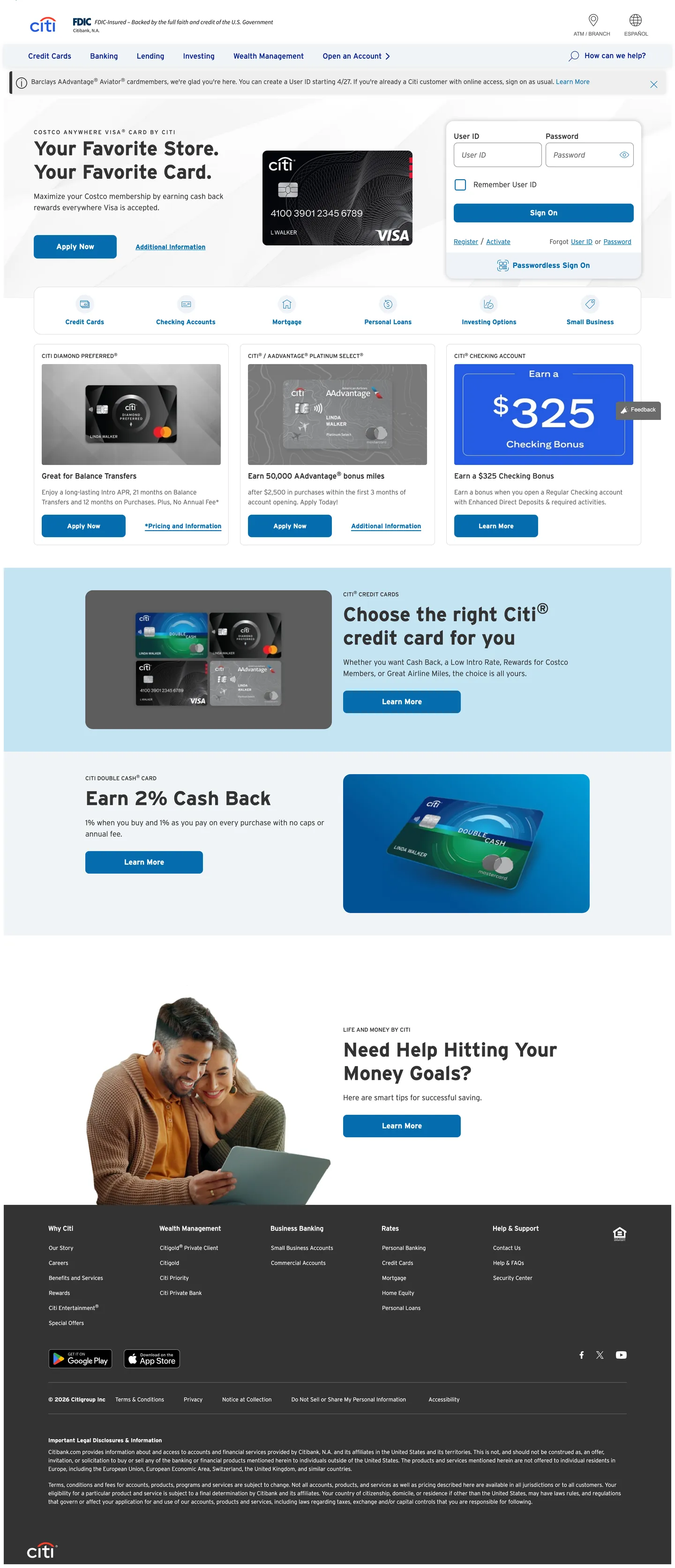 Screenshot of Citi's website at citi.com