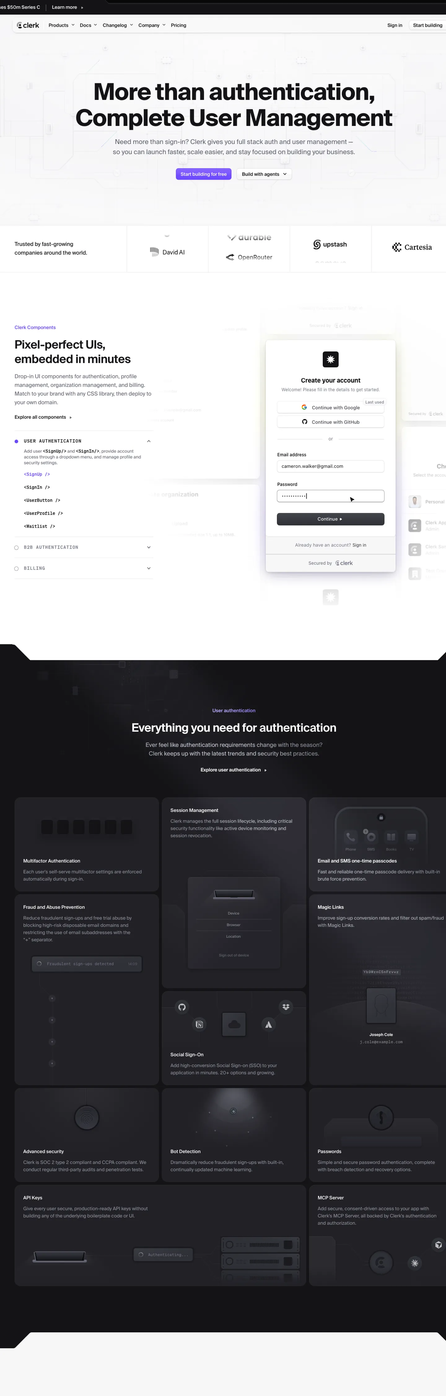 Screenshot of Clerk's website at clerk.com