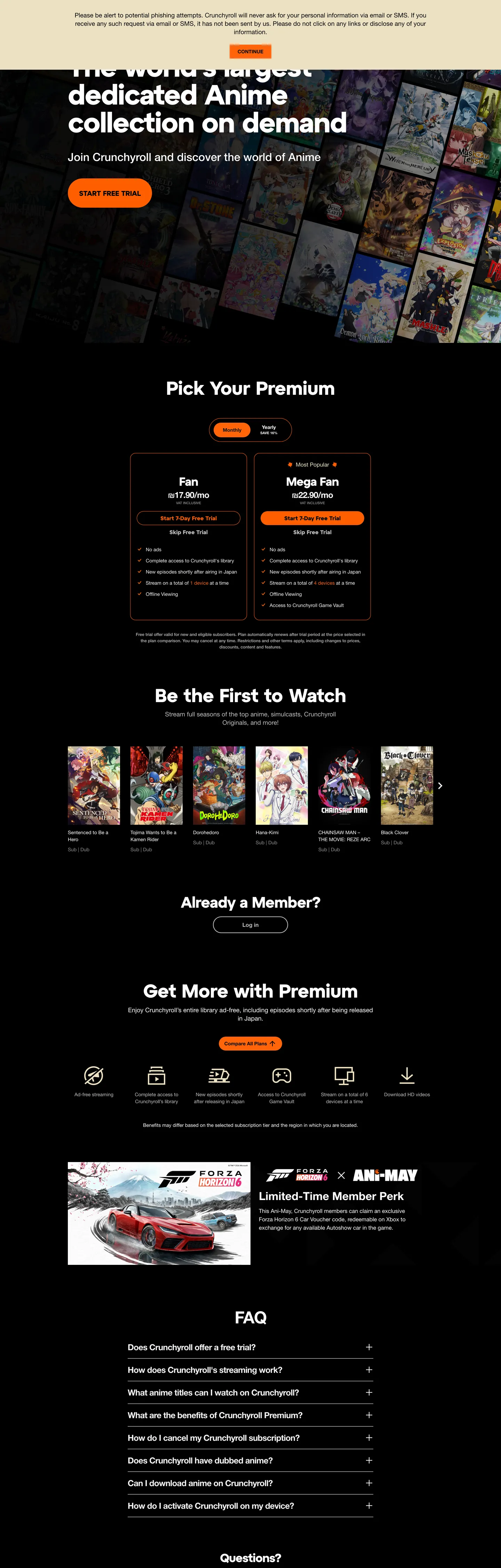 Screenshot of Crunchyroll's website at crunchyroll.com