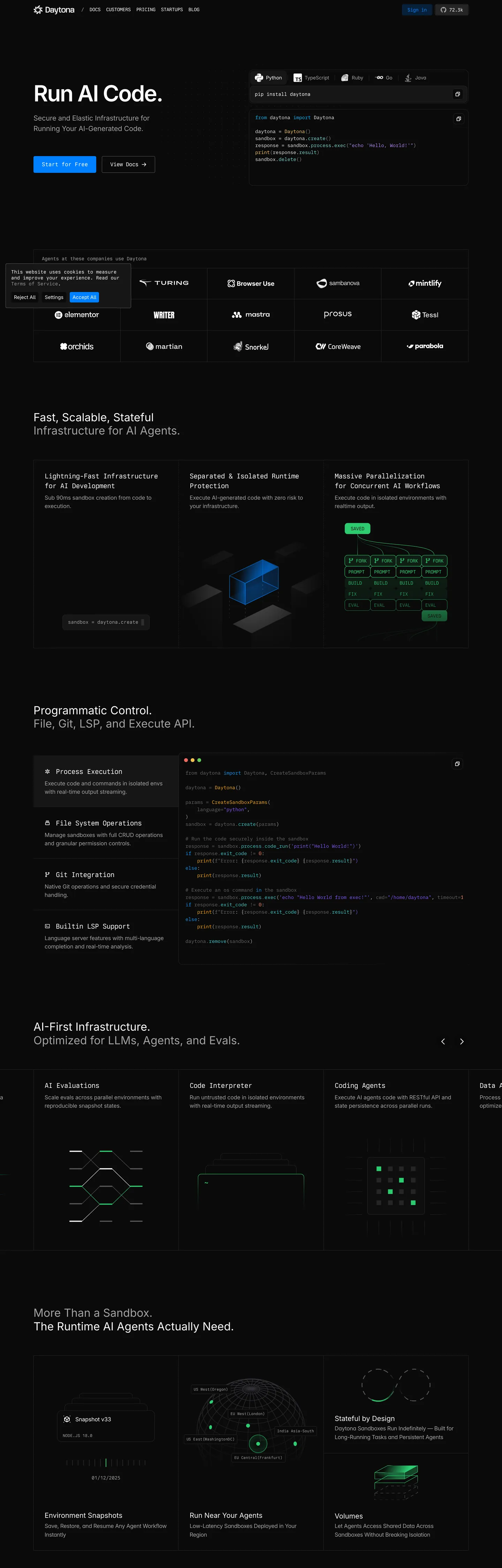 Screenshot of Daytona's website at daytona.io