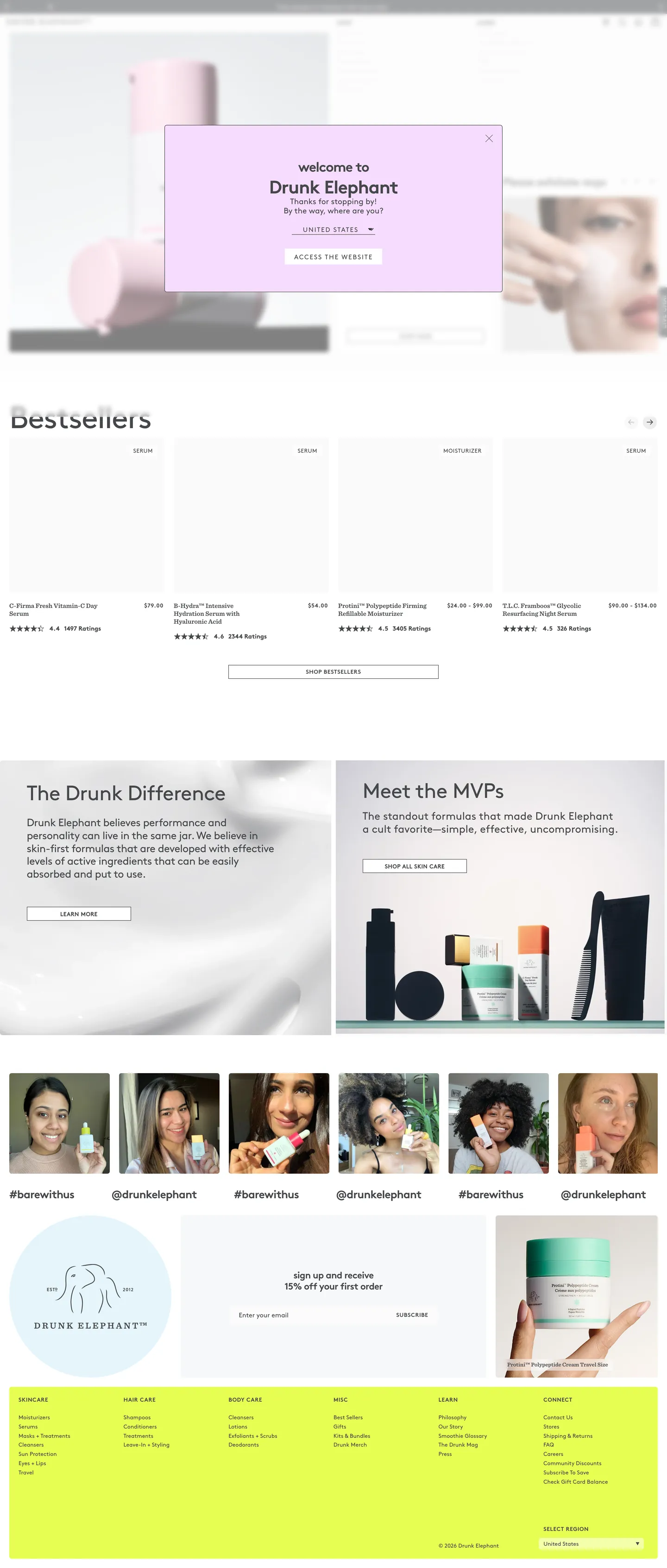 Screenshot of Drunk Elephant's website at drunkelephant.com