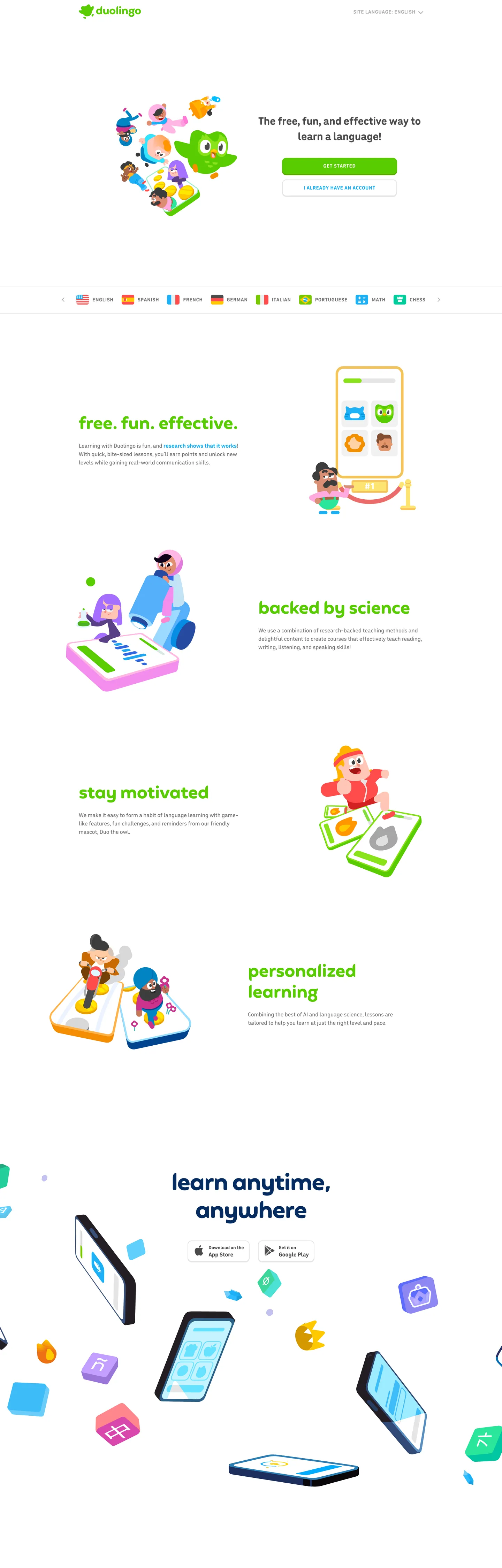 Screenshot of Duolingo's website at duolingo.com
