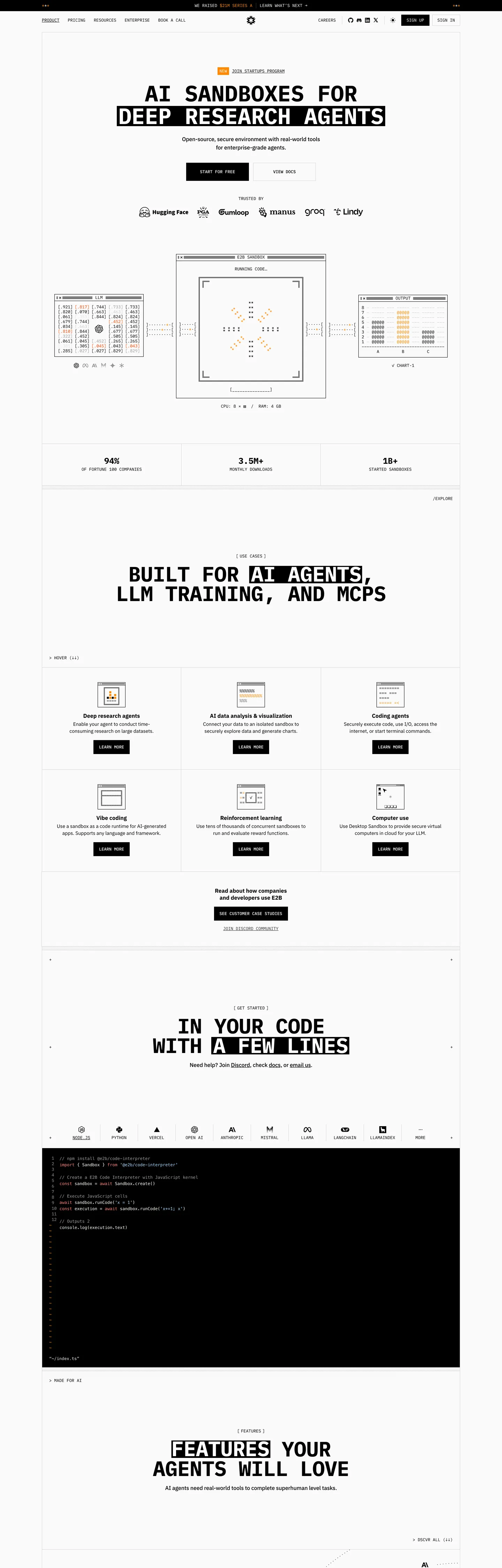 Screenshot of E2B's website at e2b.dev