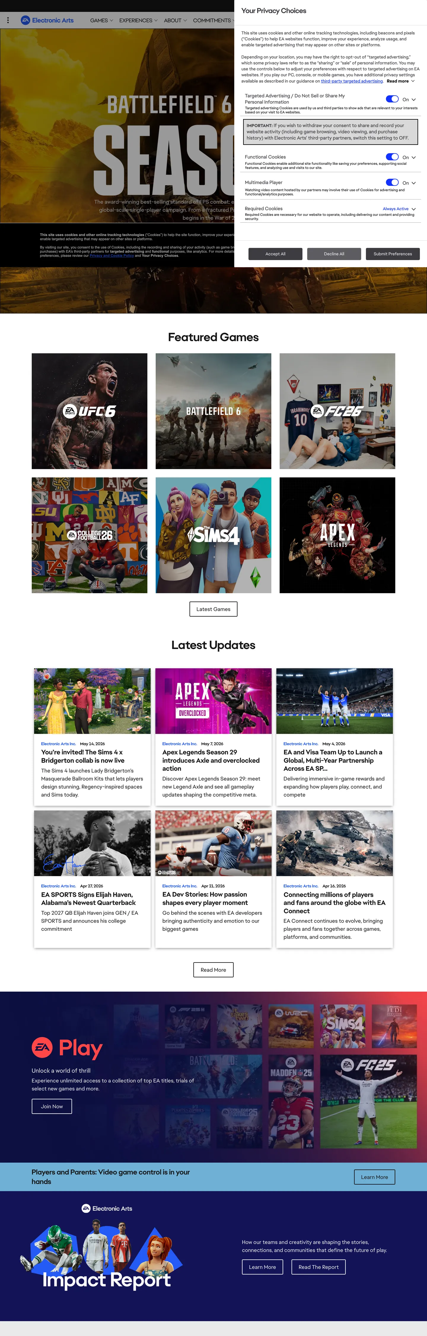 Screenshot of Electronic Arts's website at ea.com