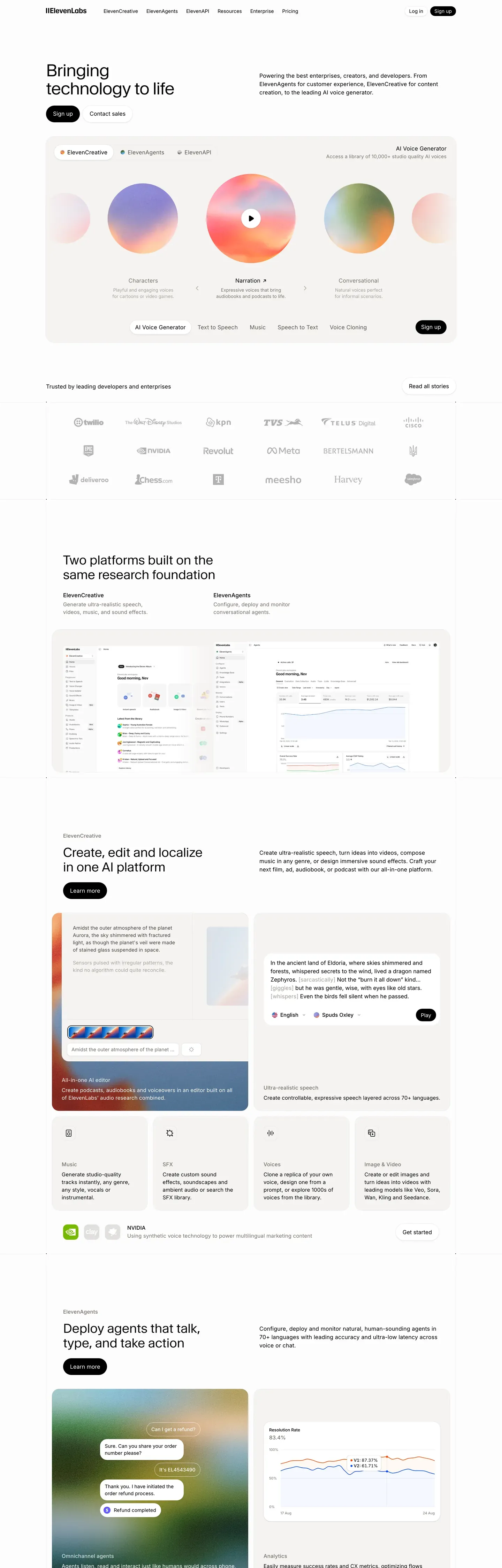 Screenshot of ElevenLabs's website at elevenlabs.io