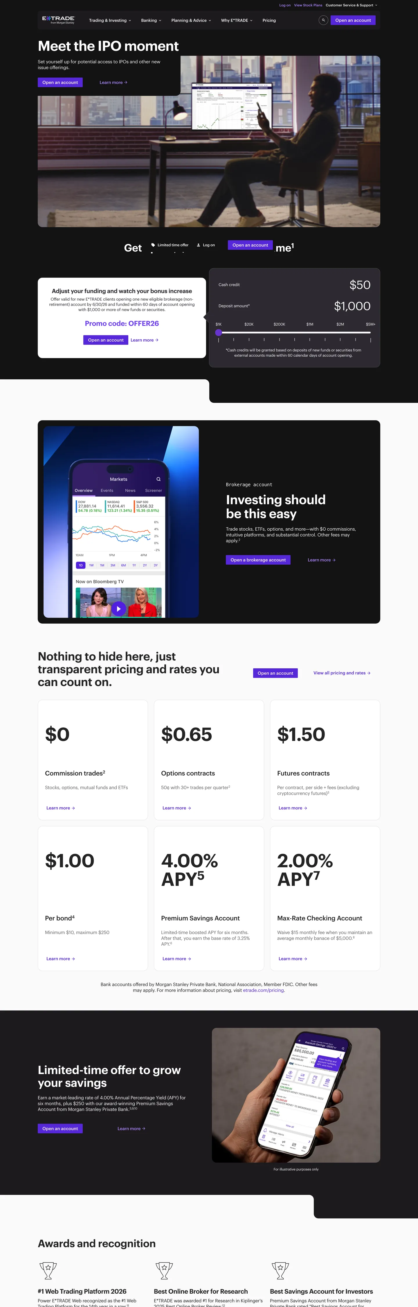 Screenshot of E*TRADE's website at us.etrade.com