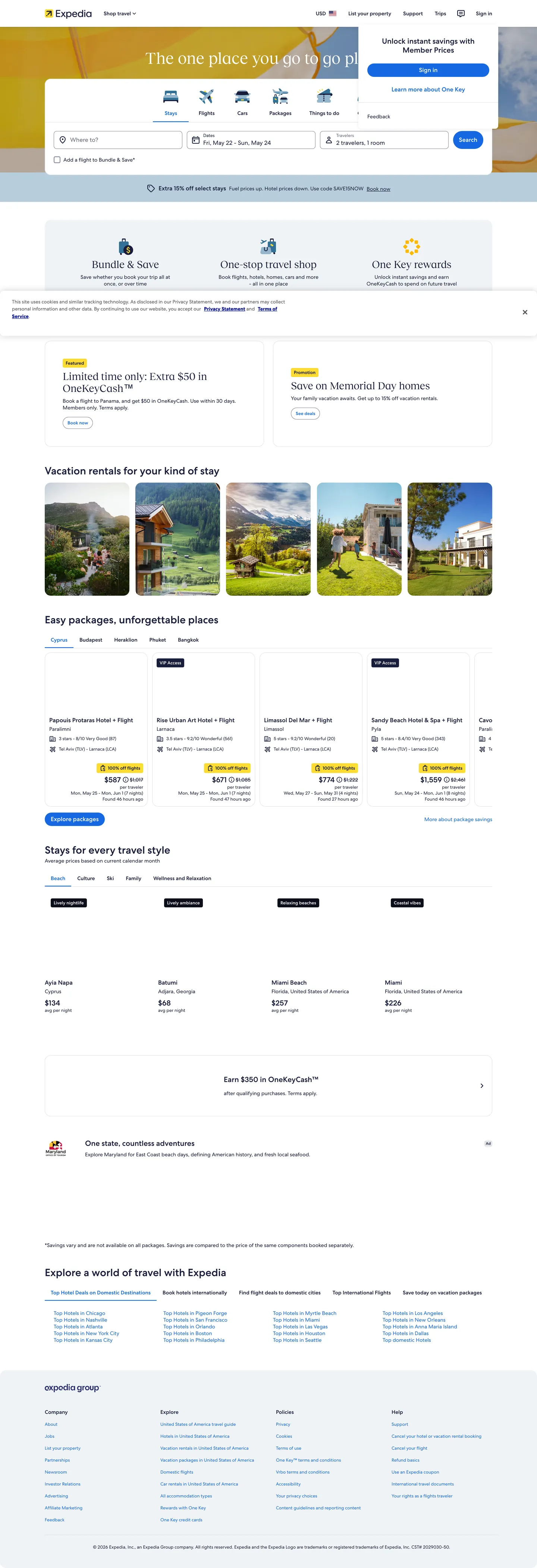 Screenshot of Expedia's website at expedia.com