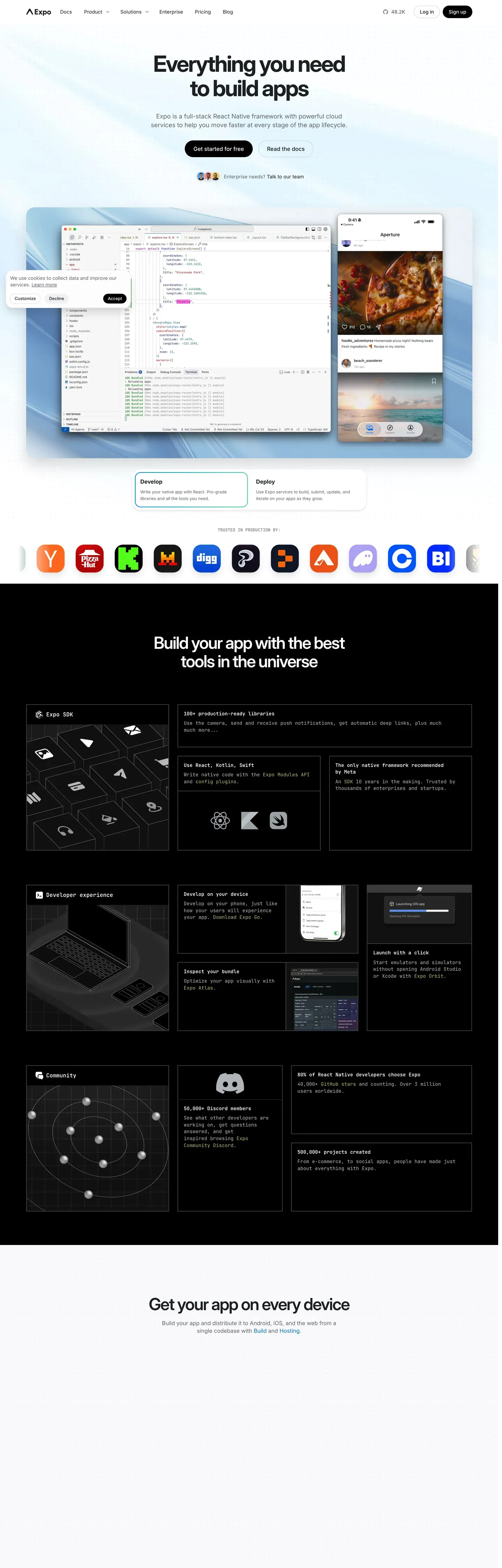 Screenshot of Expo's website at expo.dev