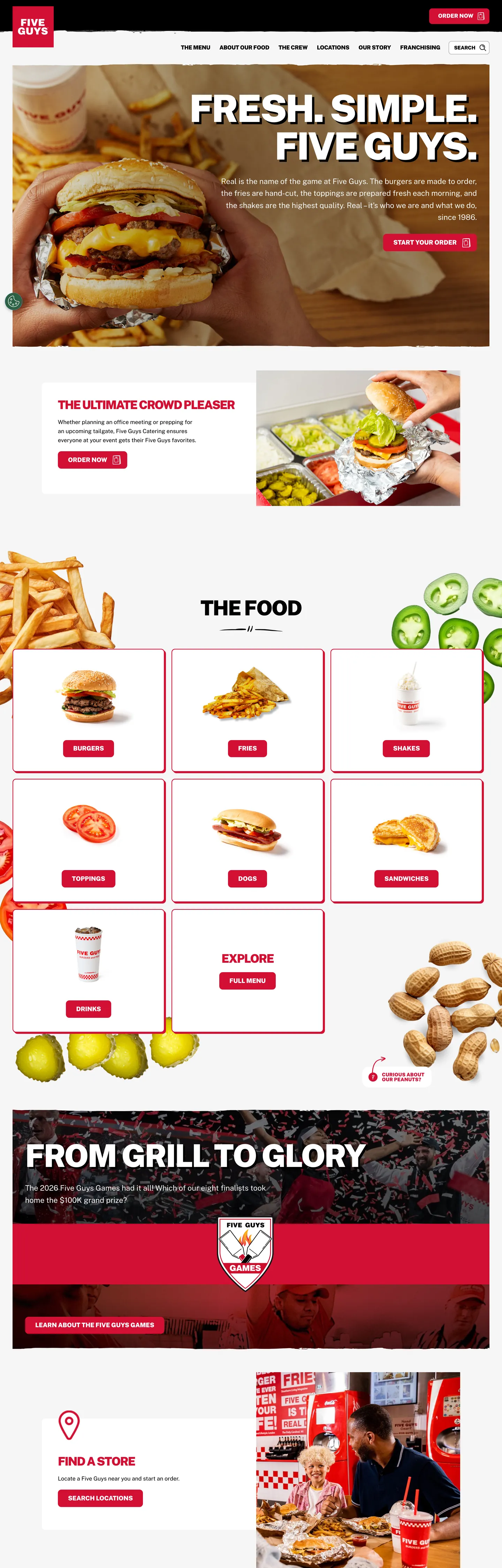 Screenshot of Five Guys's website at fiveguys.com