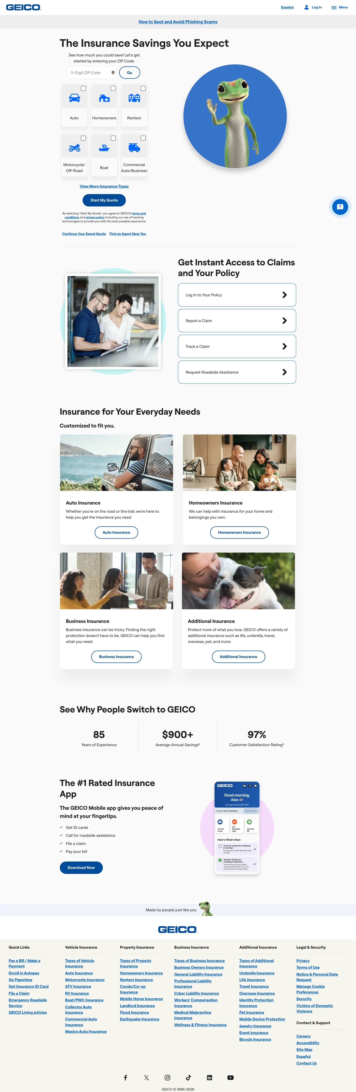 Screenshot of GEICO's website at geico.com