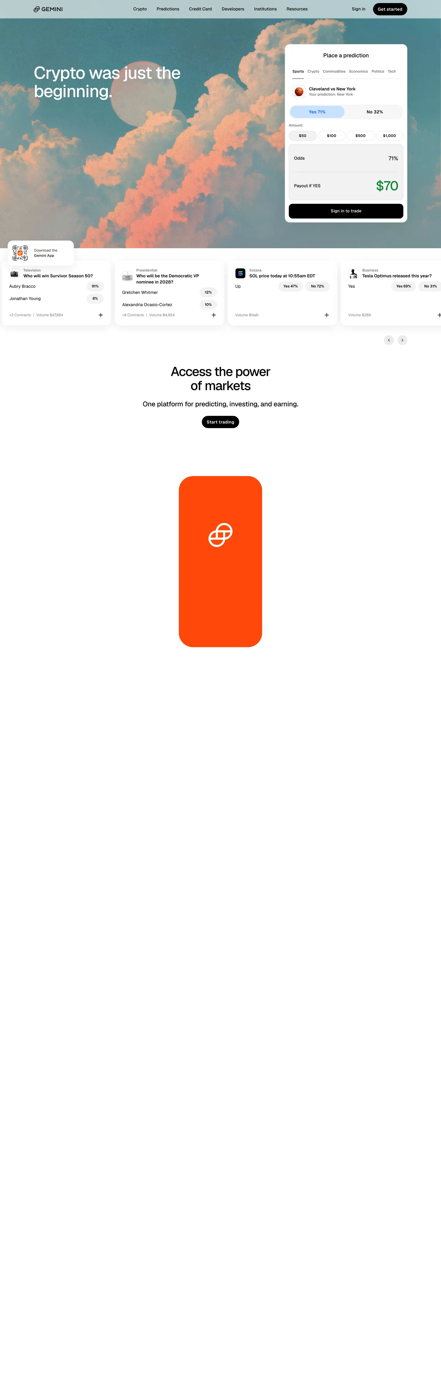 Screenshot of Gemini's website at gemini.com