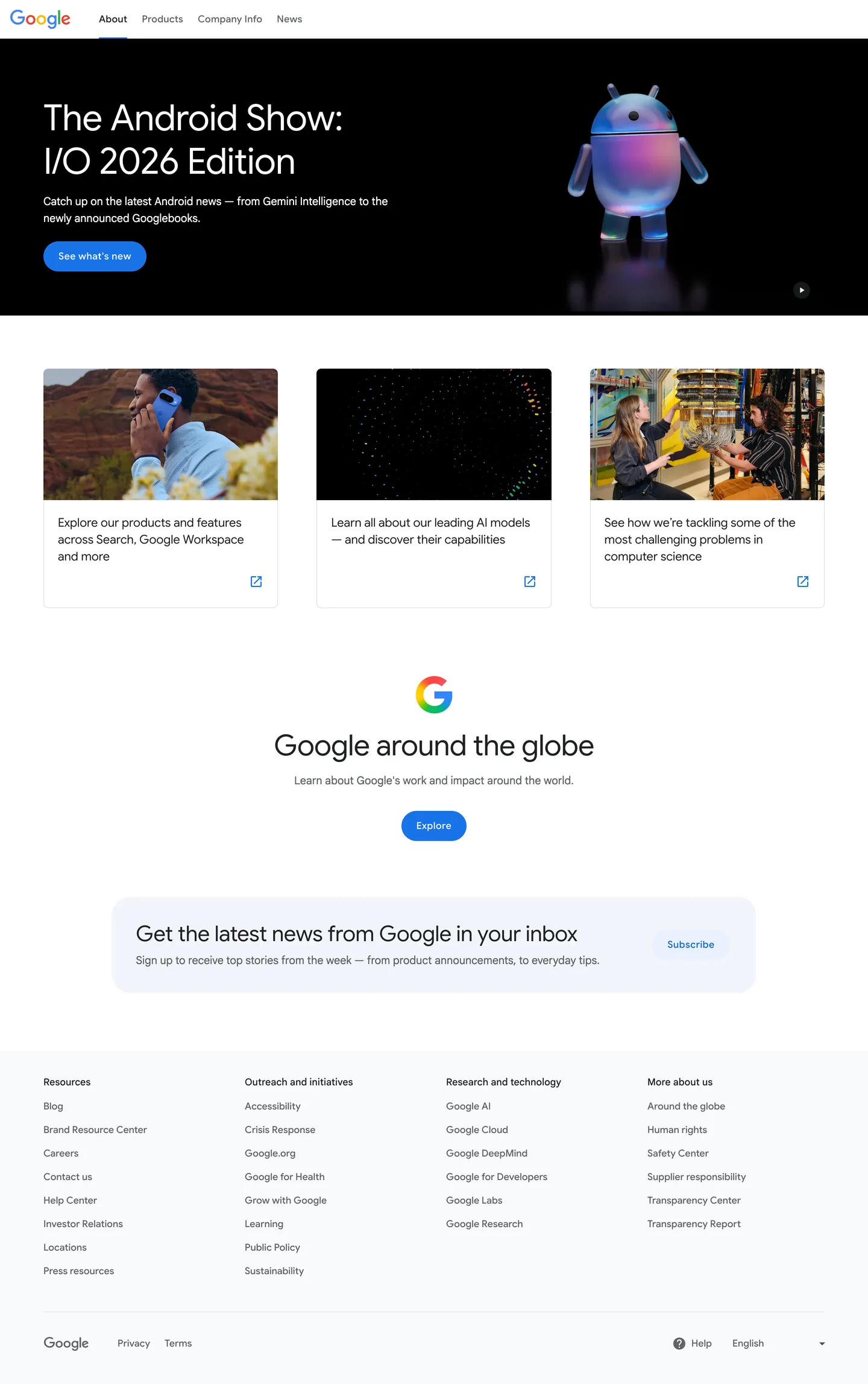 Screenshot of Google's website at about.google
