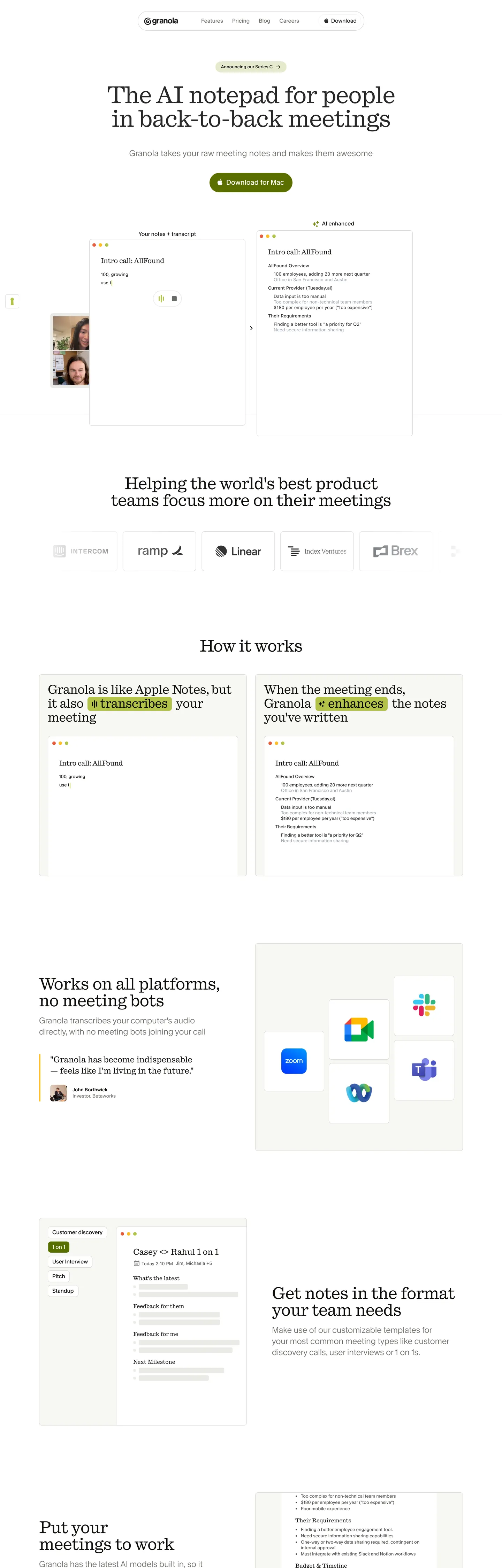 Screenshot of Granola's website at granola.ai