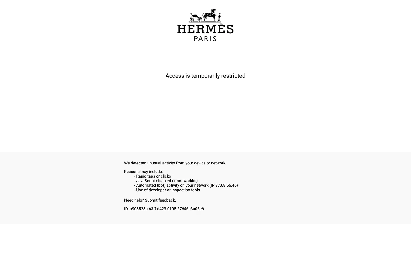 Screenshot of Hermès's website at hermes.com