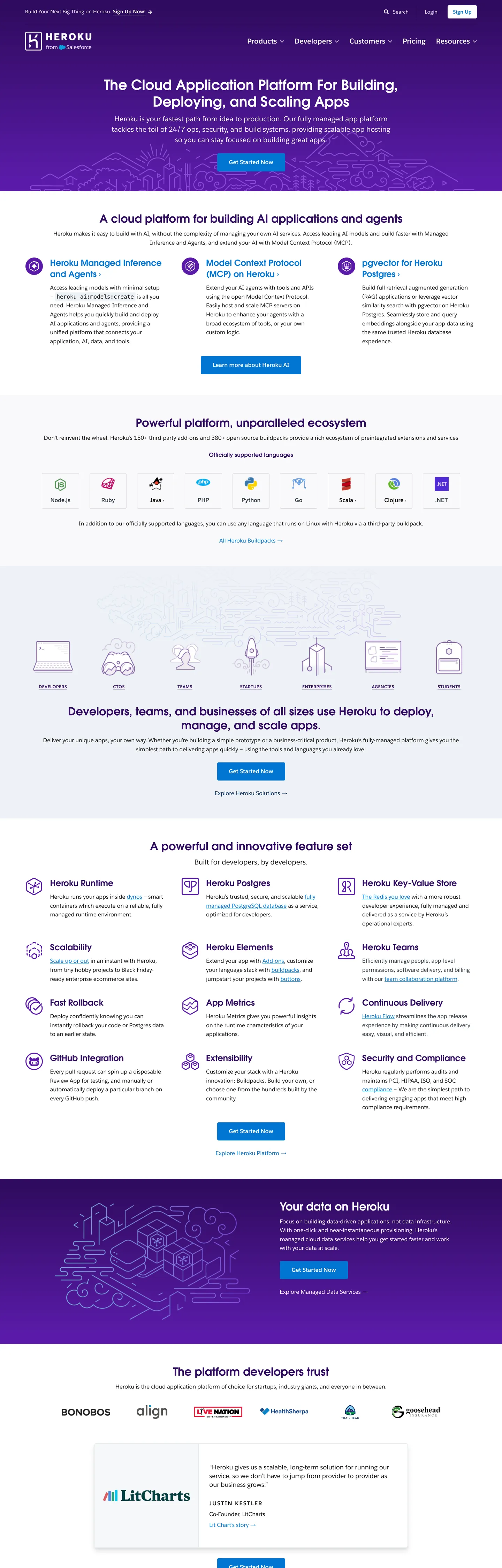 Screenshot of Heroku's website at heroku.com