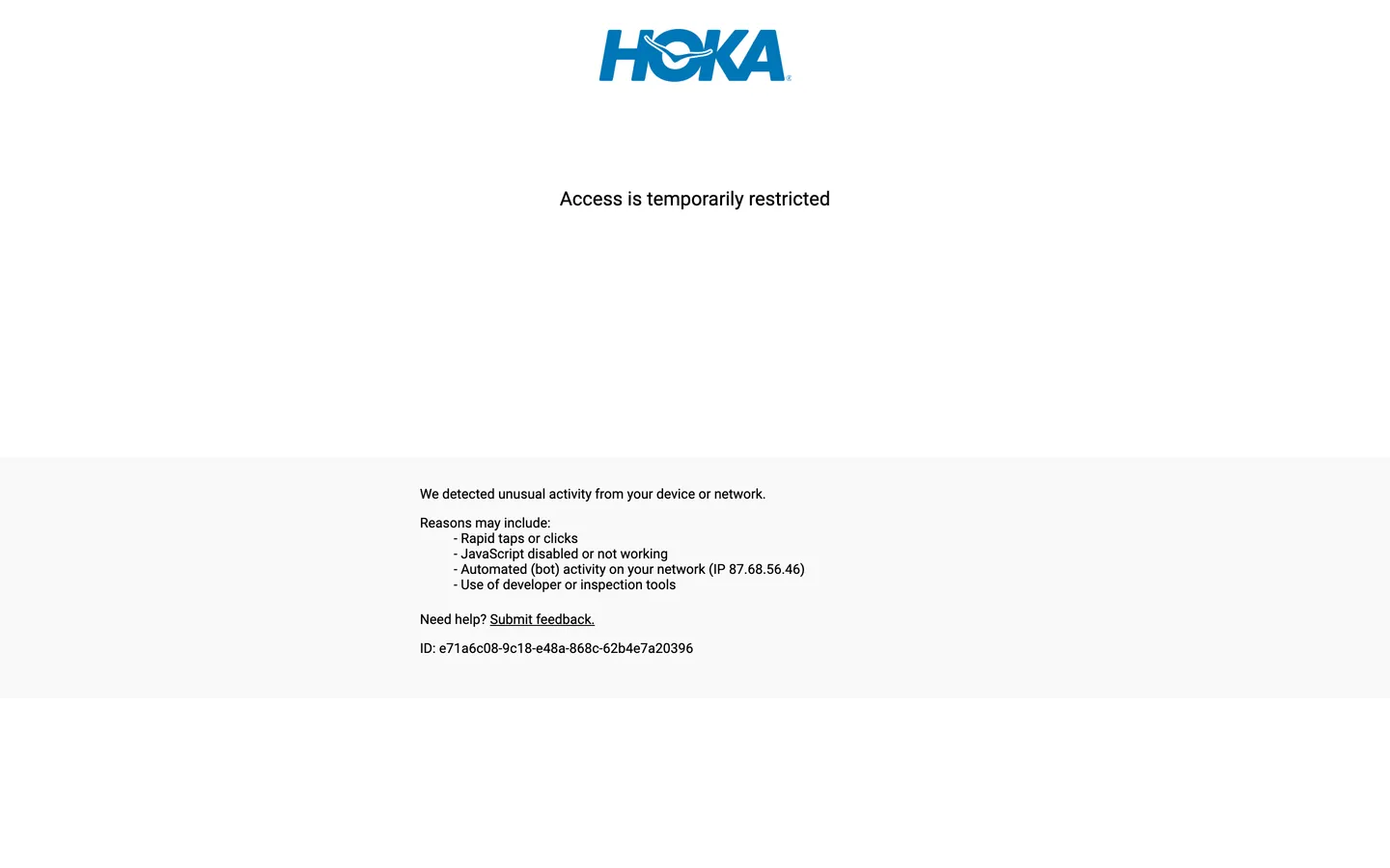 Screenshot of HOKA's website at hoka.com