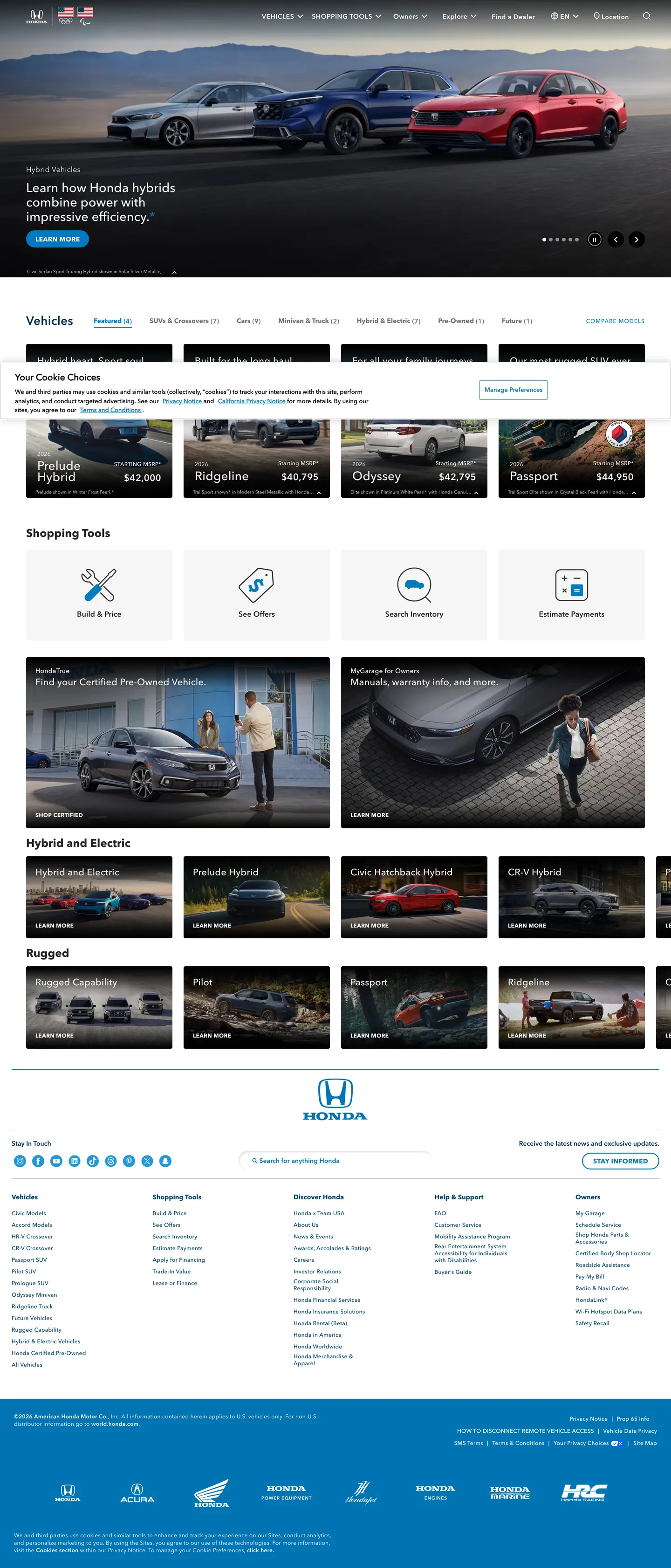 Screenshot of Honda's website at automobiles.honda.com