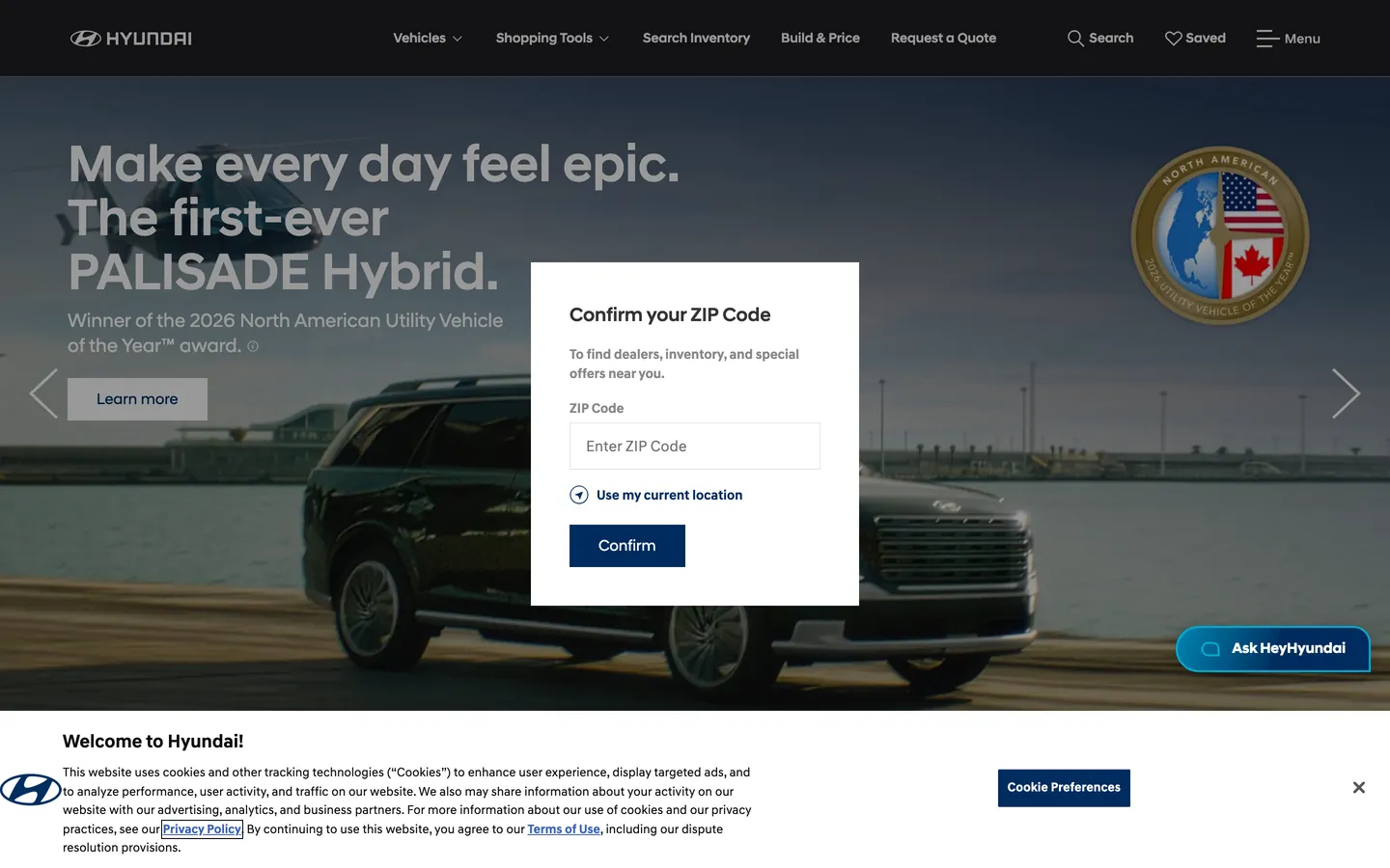 Screenshot of Hyundai USA's website at hyundaiusa.com