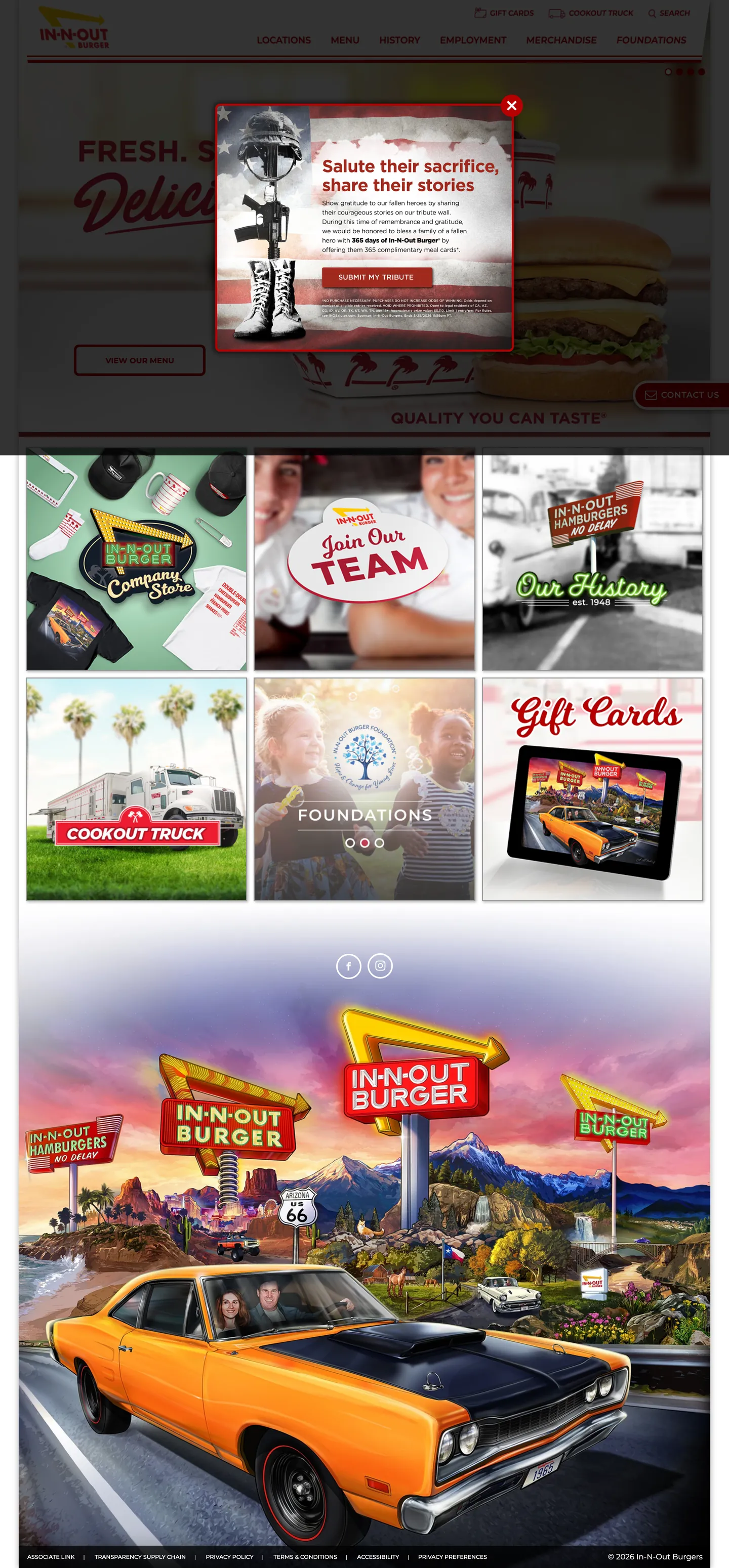 Screenshot of In-N-Out Burger's website at in-n-out.com