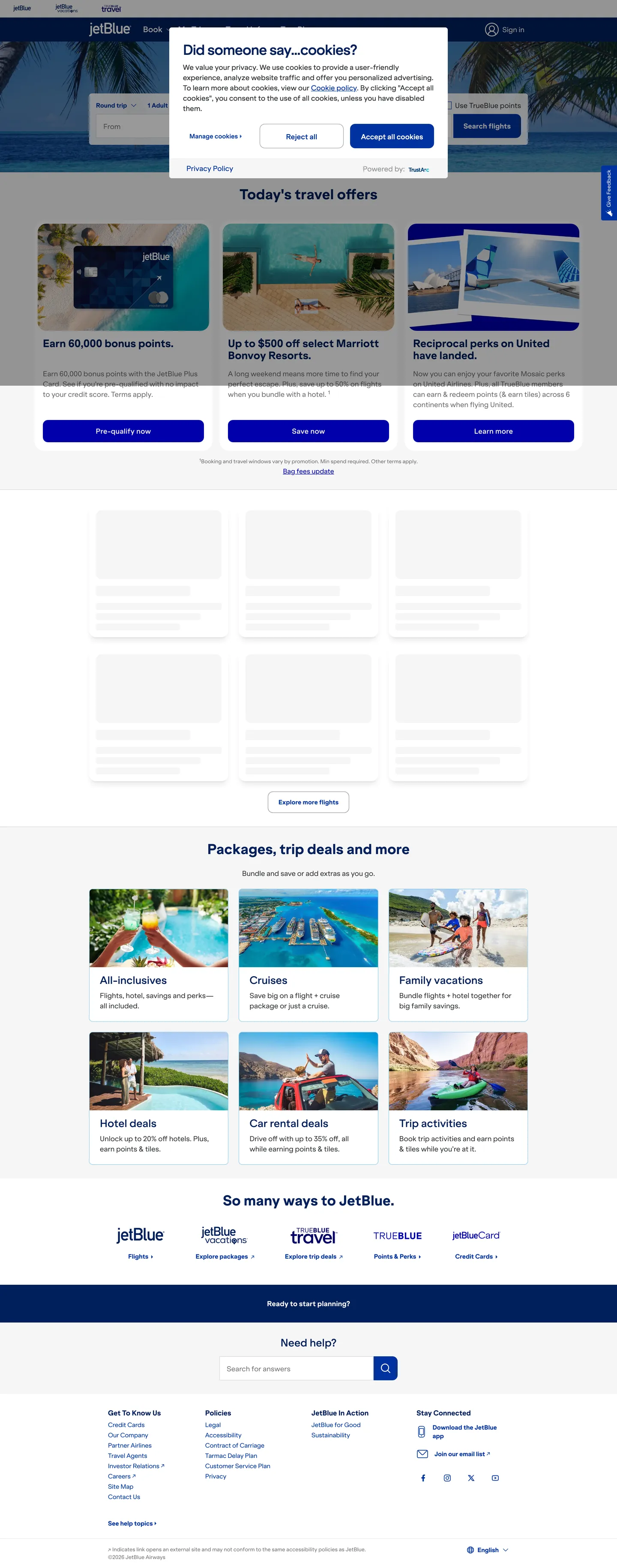 Screenshot of JetBlue's website at jetblue.com